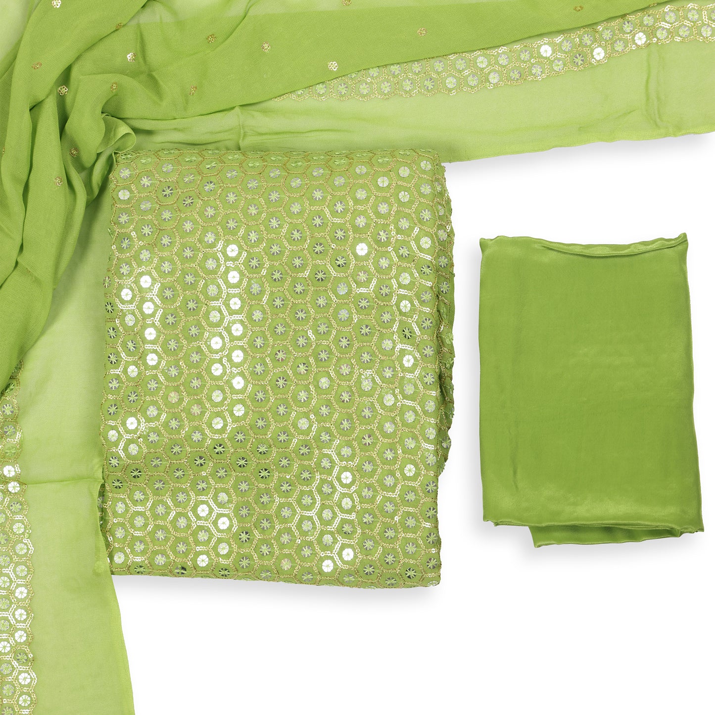 Gulzaar Lime Green Mirror Work Unstitched Suit Set