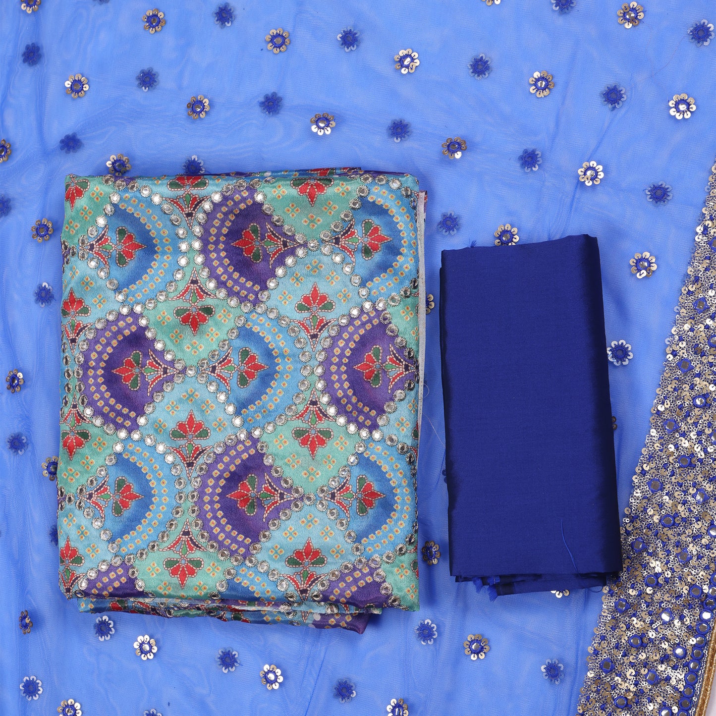 Sitara Blue Patola-Inspired Mirror Work Unstitched Suit Set