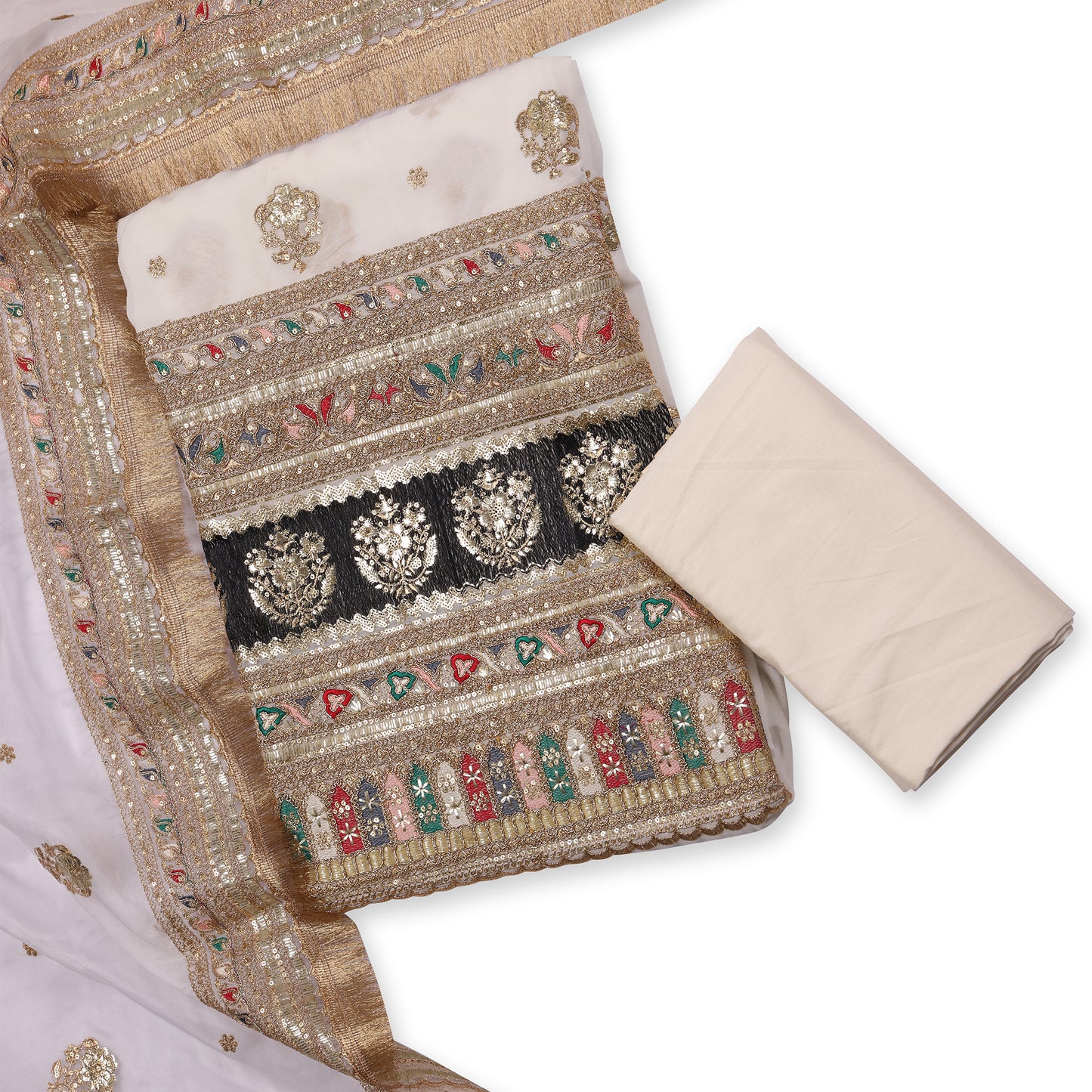 Noor Mahal Ivory & Gold Embroidered Unstitched Suit Set