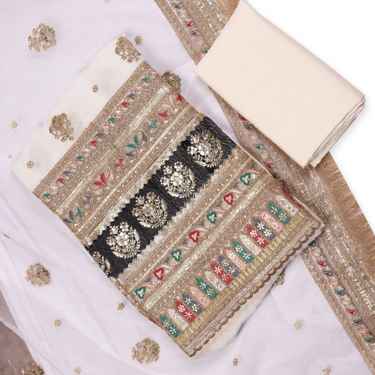 Noor Mahal Ivory & Gold Embroidered Unstitched Suit Set