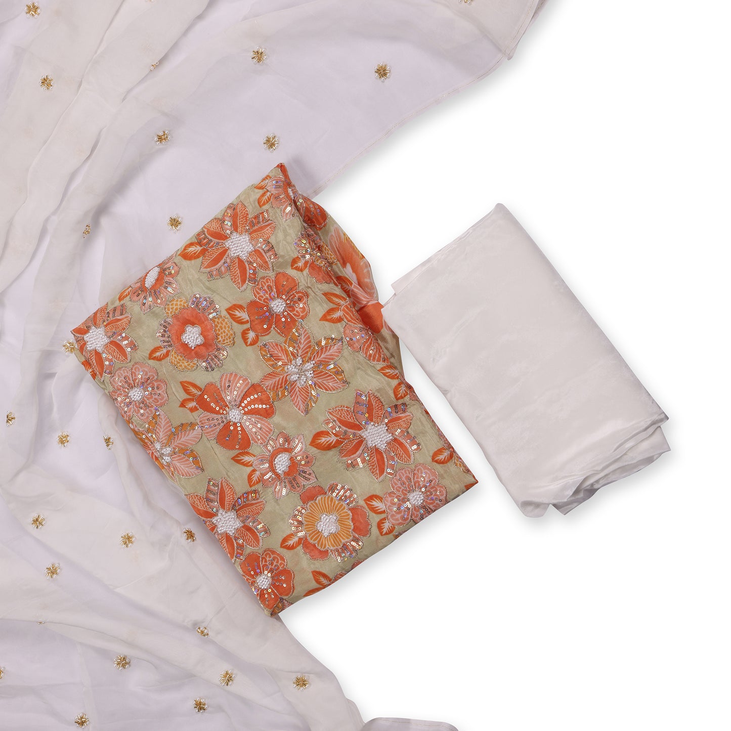 Nargis Peach & White Mirror Work Unstitched Suit Set