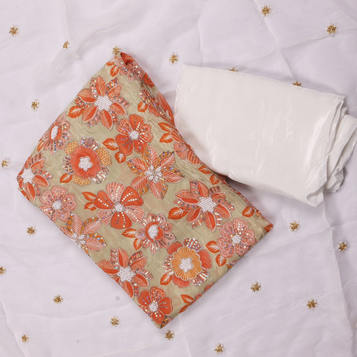 Nargis Peach & White Mirror Work Unstitched Suit Set