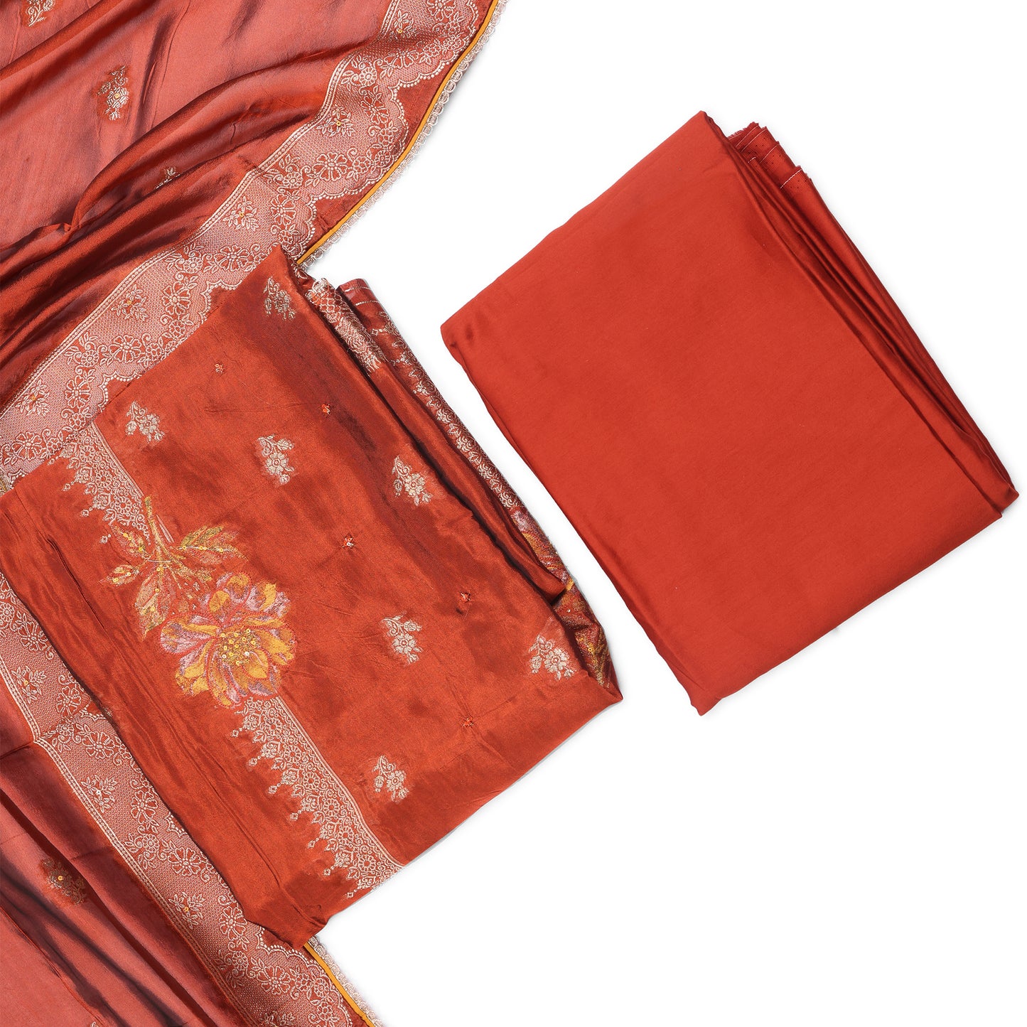 Mehfil Rust Embroidered Unstitched Suit Set