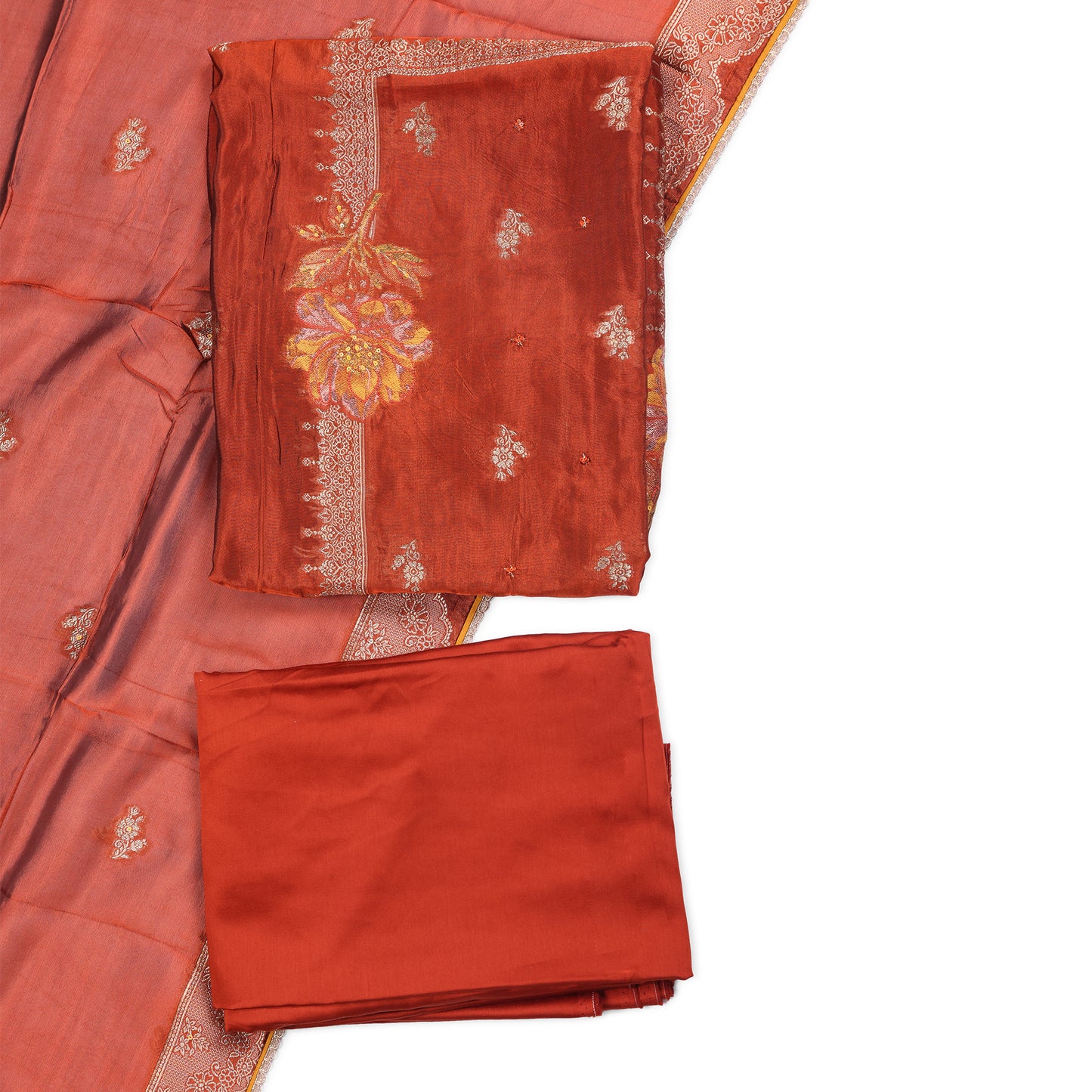 Mehfil Rust Embroidered Unstitched Suit Set