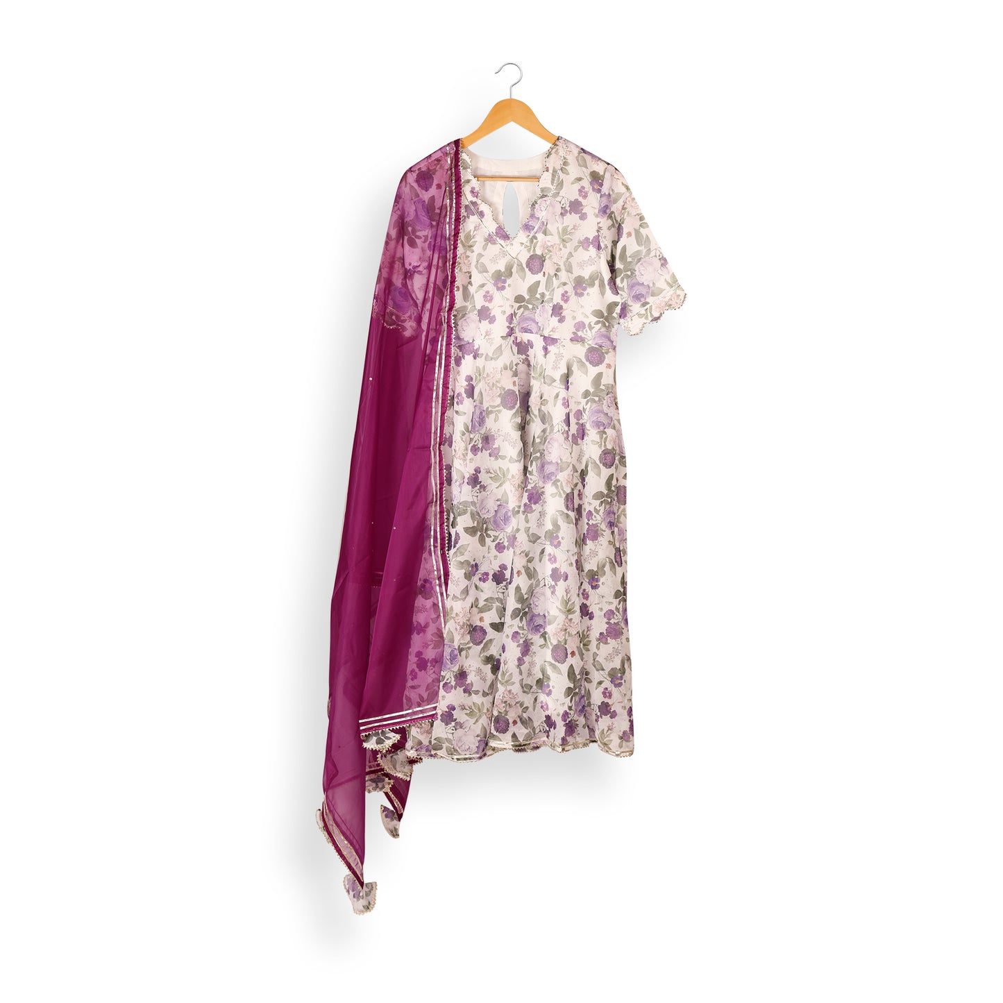 Ivory Bloom Chanderi Suit Set with Magenta Dupatta
