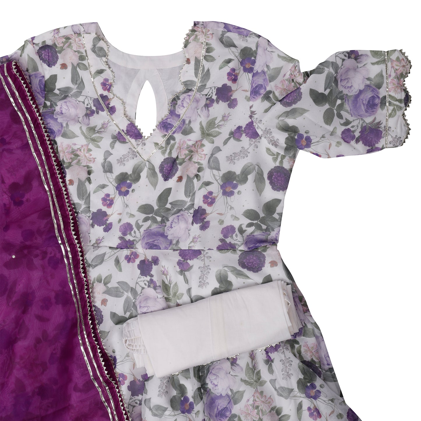 Ivory Bloom Chanderi Suit Set with Magenta Dupatta