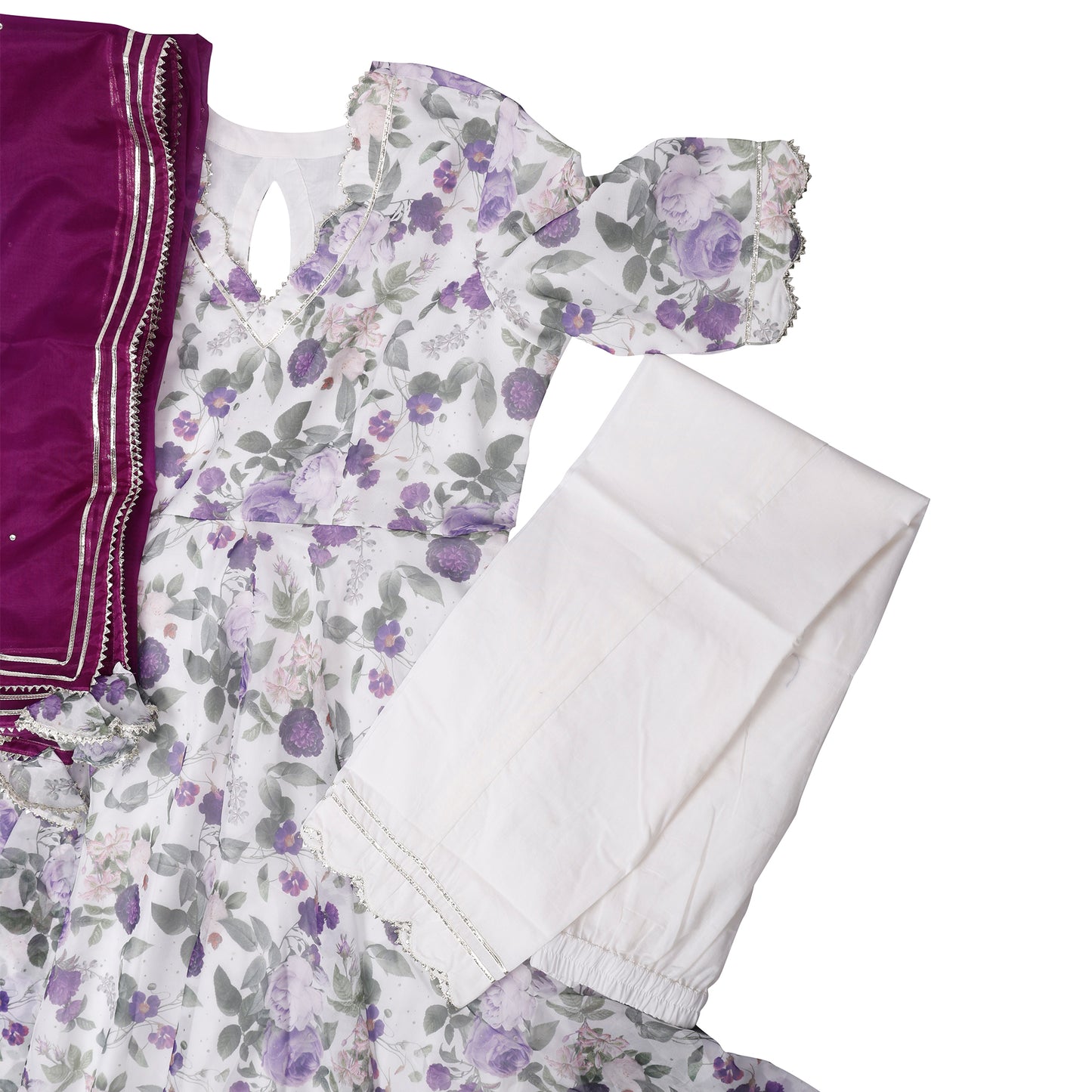 Ivory Bloom Chanderi Suit Set with Magenta Dupatta