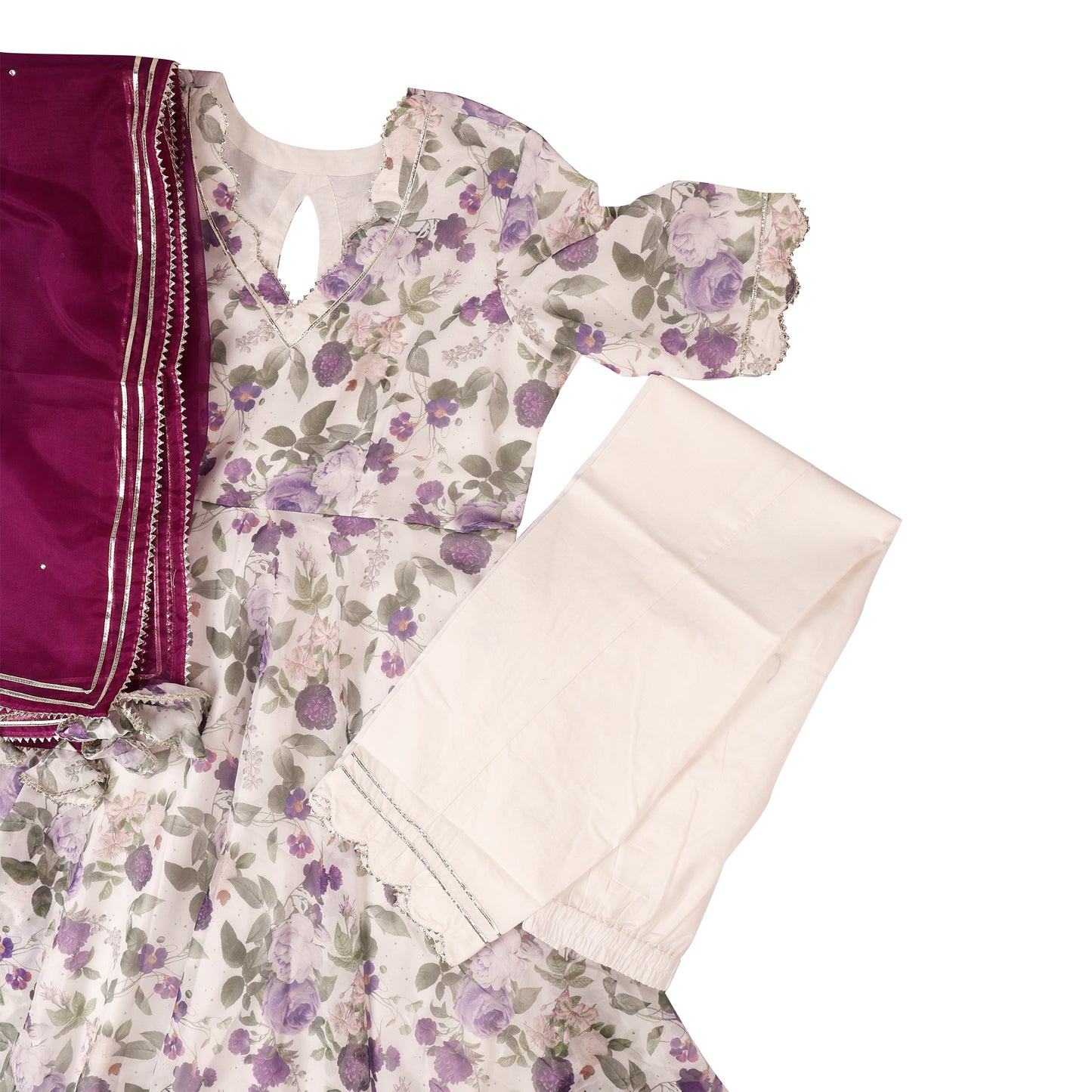 Ivory Bloom Chanderi Suit Set with Magenta Dupatta