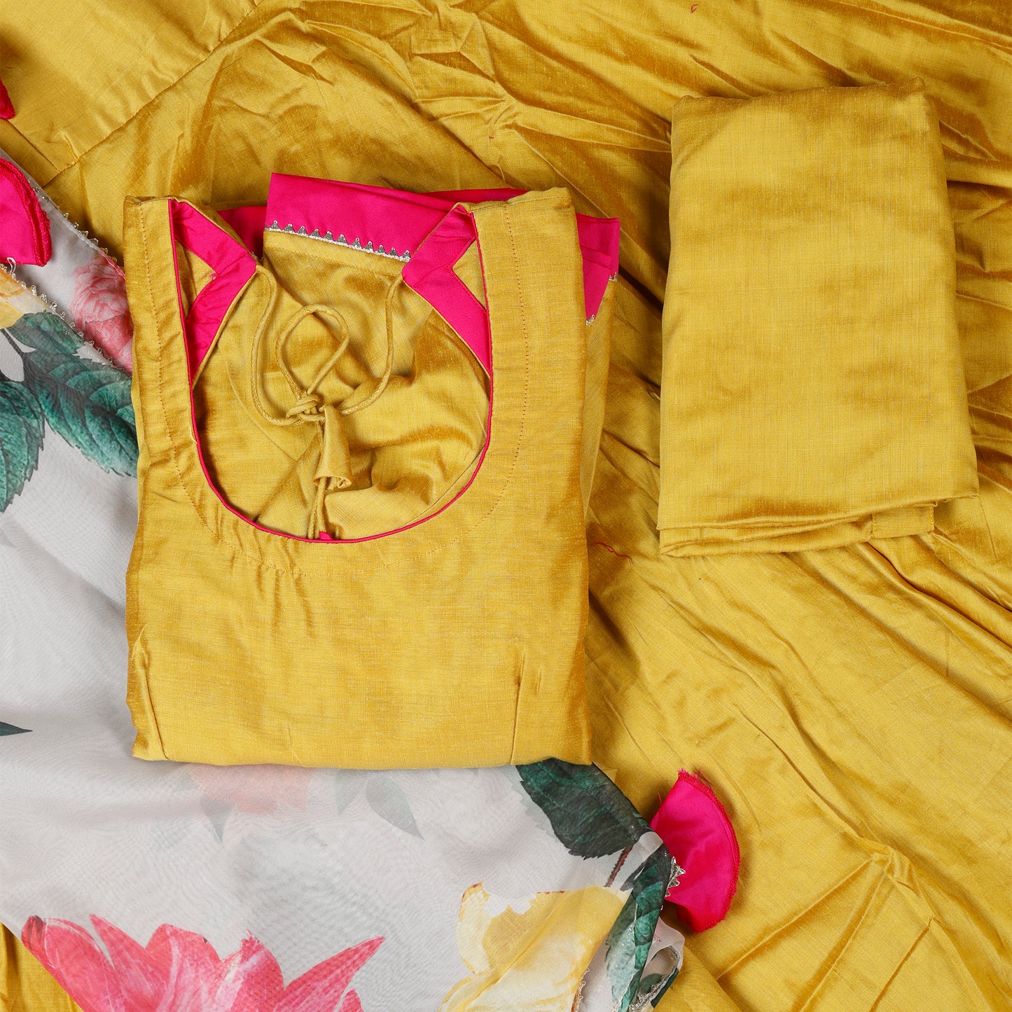 Zehra Mustard Silk Suit Set with Floral Dupatta