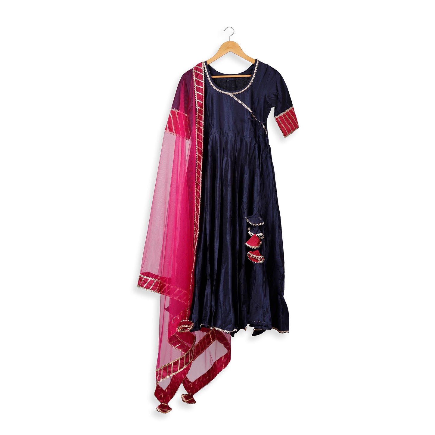 Inaaya Navy Blue Angrakha Suit Set with Rani Pink Dupatta