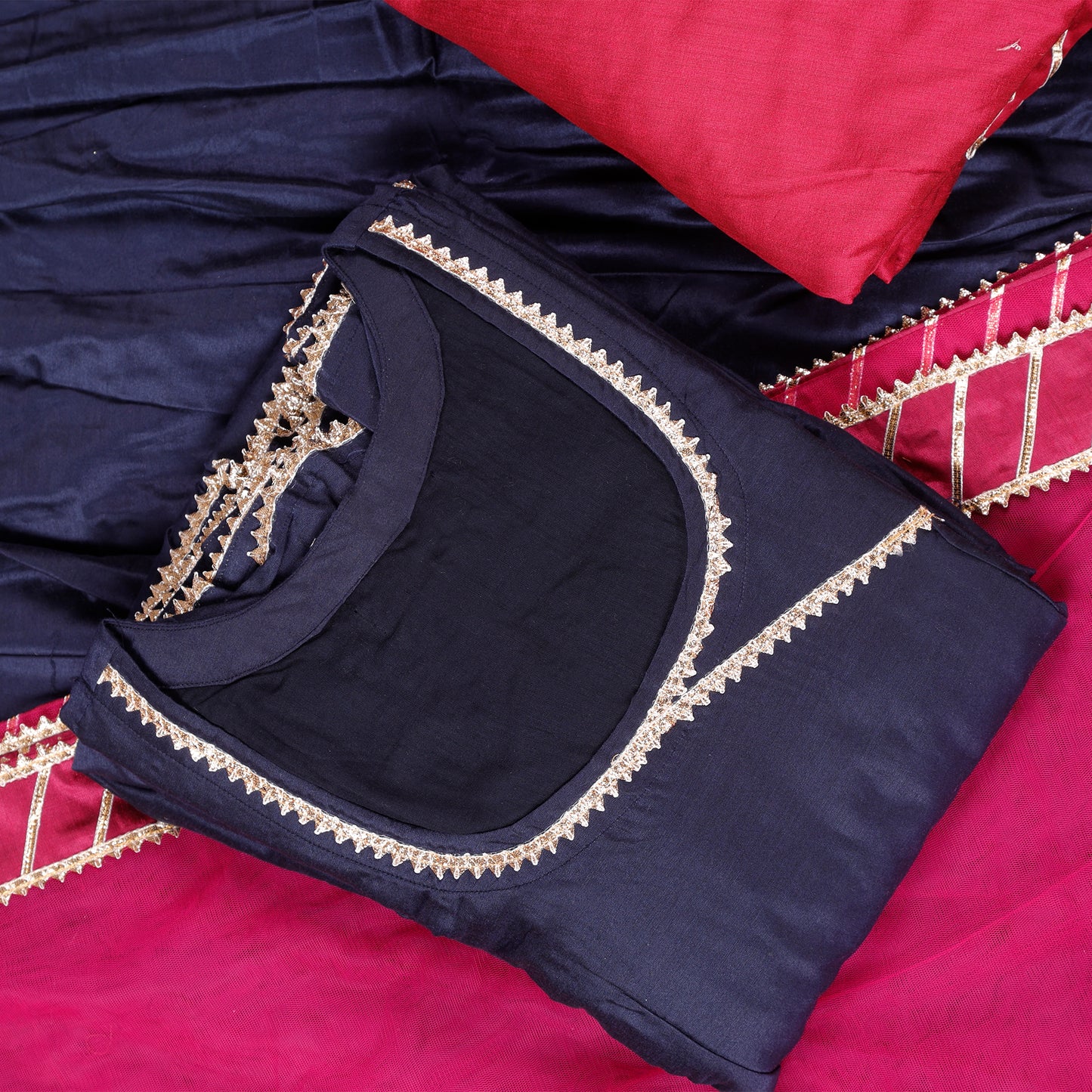 Inaaya Navy Blue Angrakha Suit Set with Rani Pink Dupatta