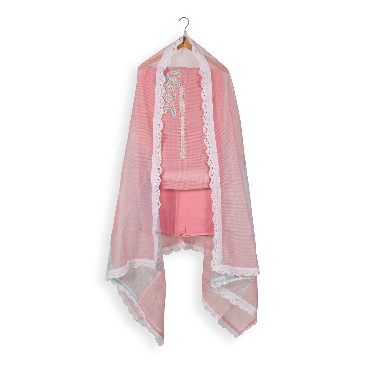 Graceful Pink Embroidered Cotton Designer Fabric Set with Dupatta