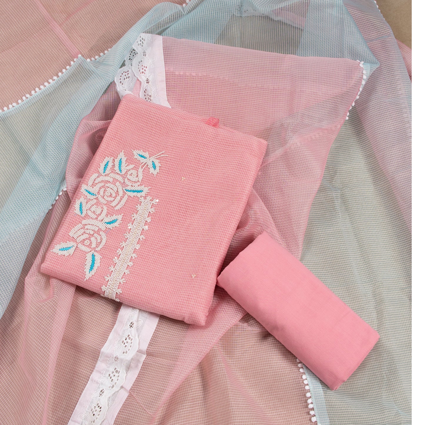 Graceful Pink Embroidered Cotton Designer Fabric Set with Dupatta