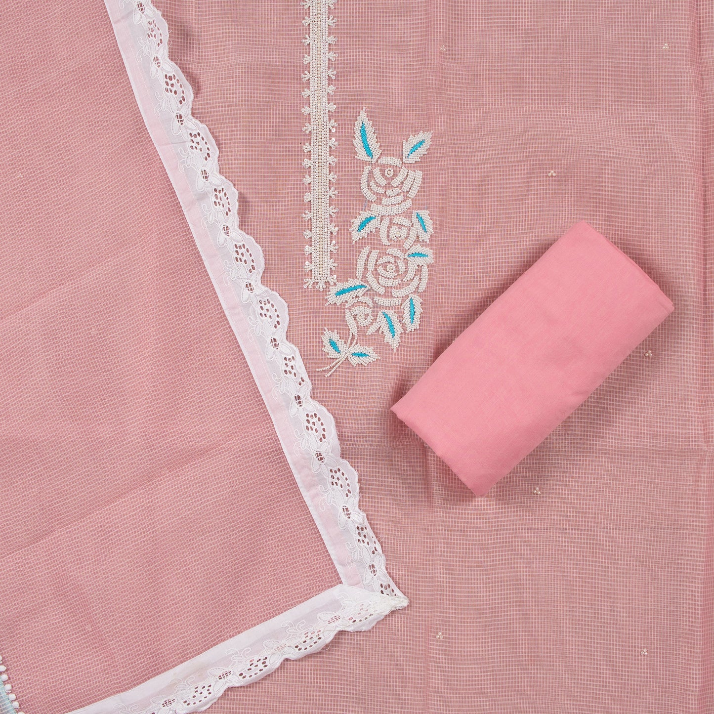 Graceful Pink Embroidered Cotton Designer Fabric Set with Dupatta