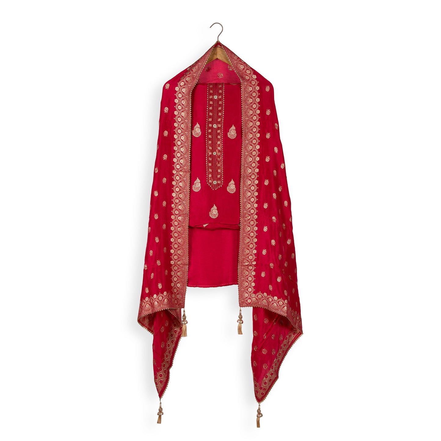 Elegant Red Banarasi Collection Fabric Set with Gold Zari Work