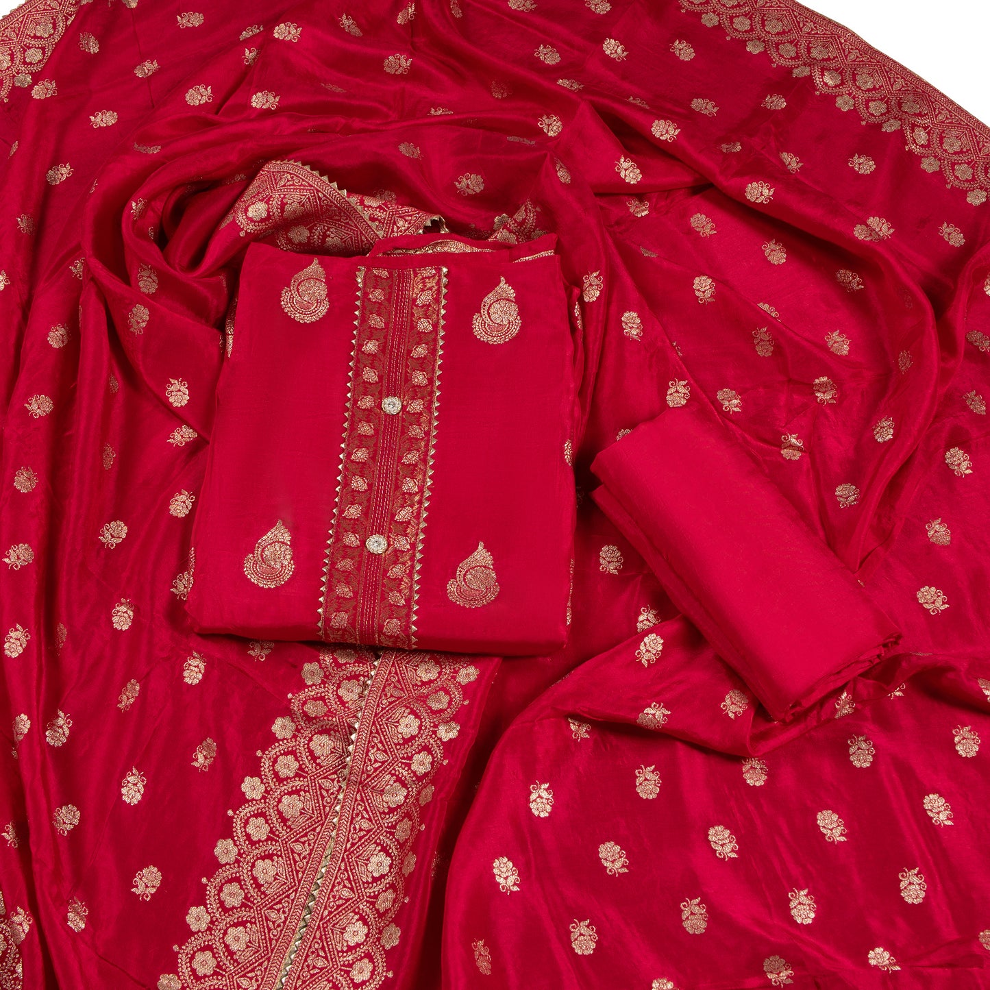Elegant Red Banarasi Collection Fabric Set with Gold Zari Work