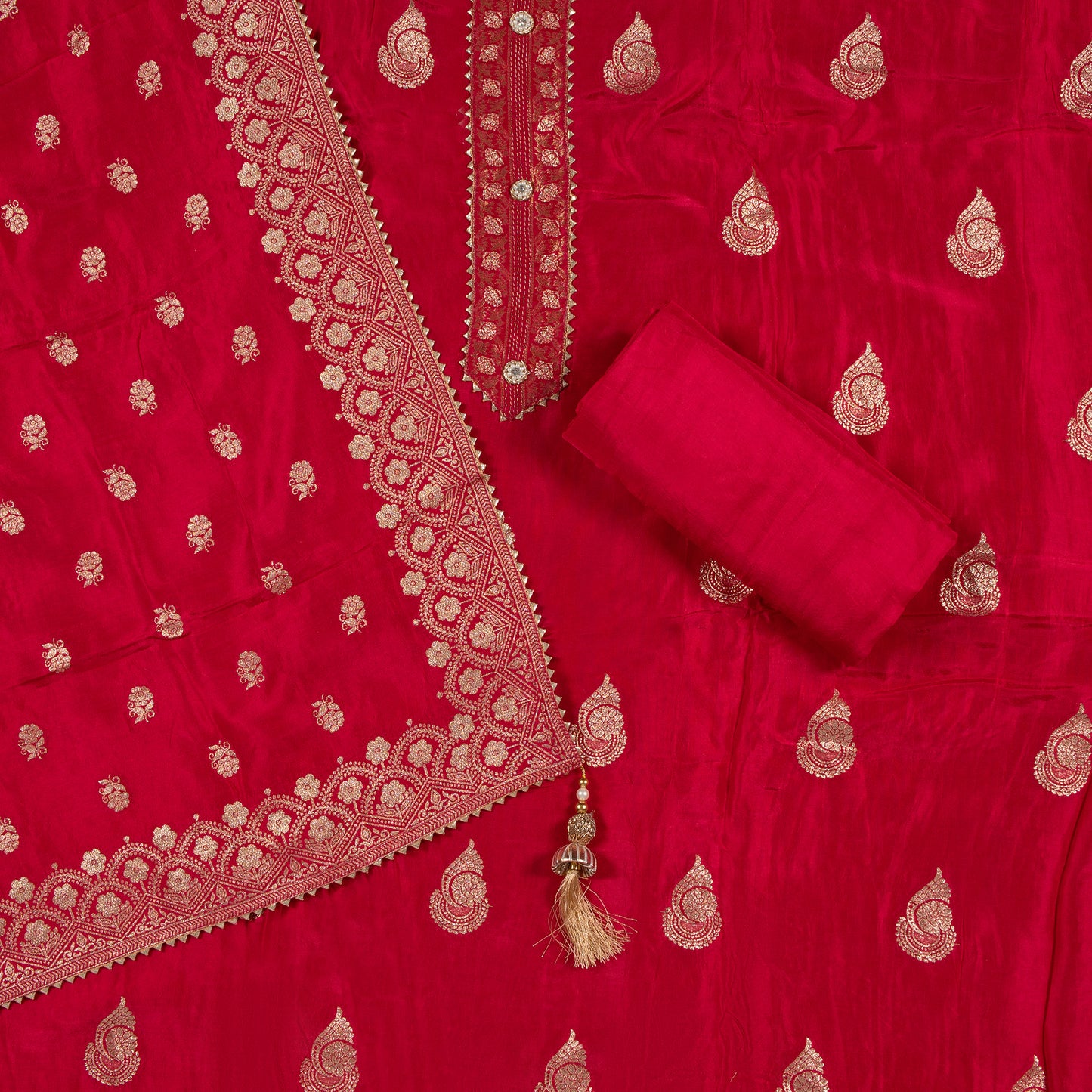 Elegant Red Banarasi Collection Fabric Set with Gold Zari Work