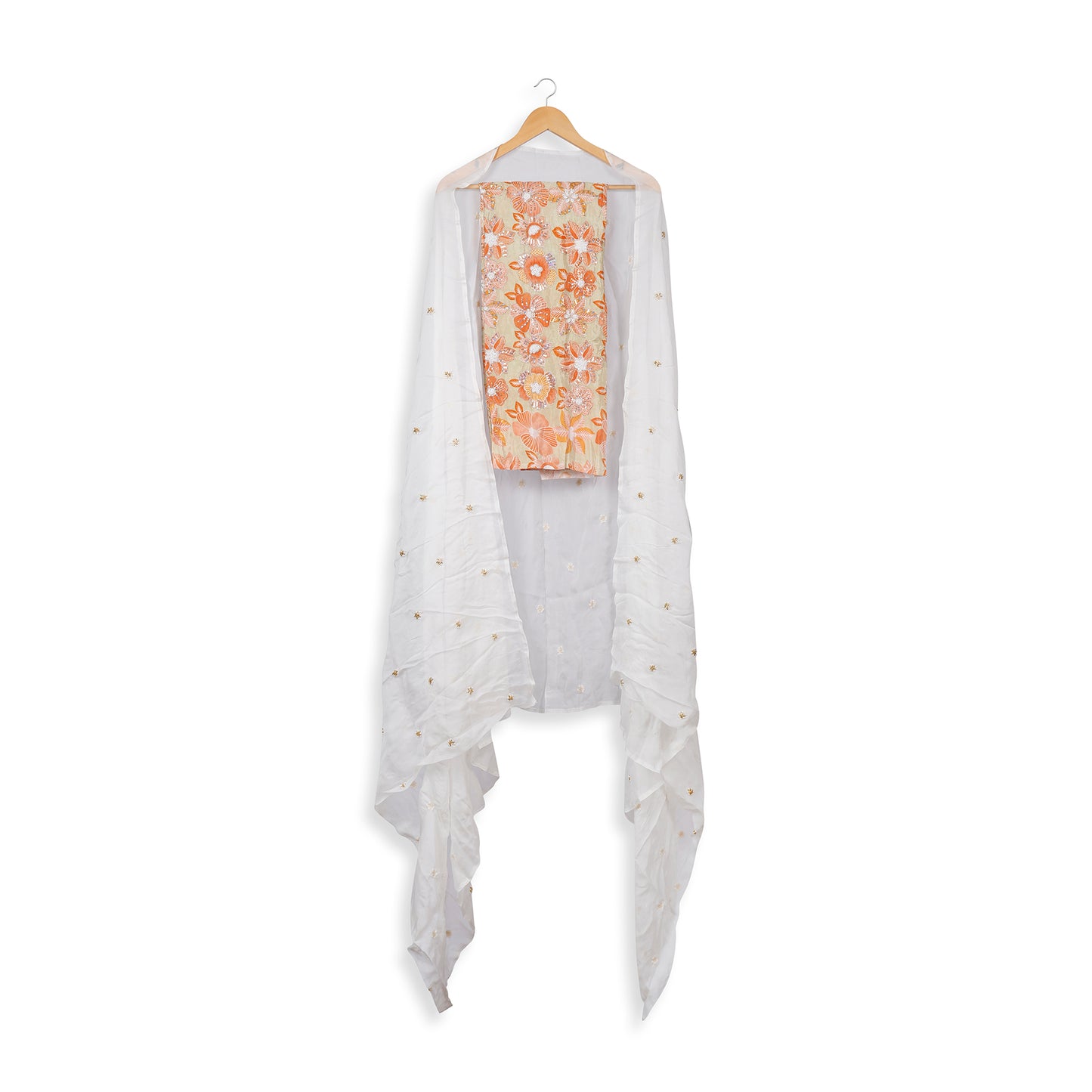 Nargis Peach & White Mirror Work Unstitched Suit Set