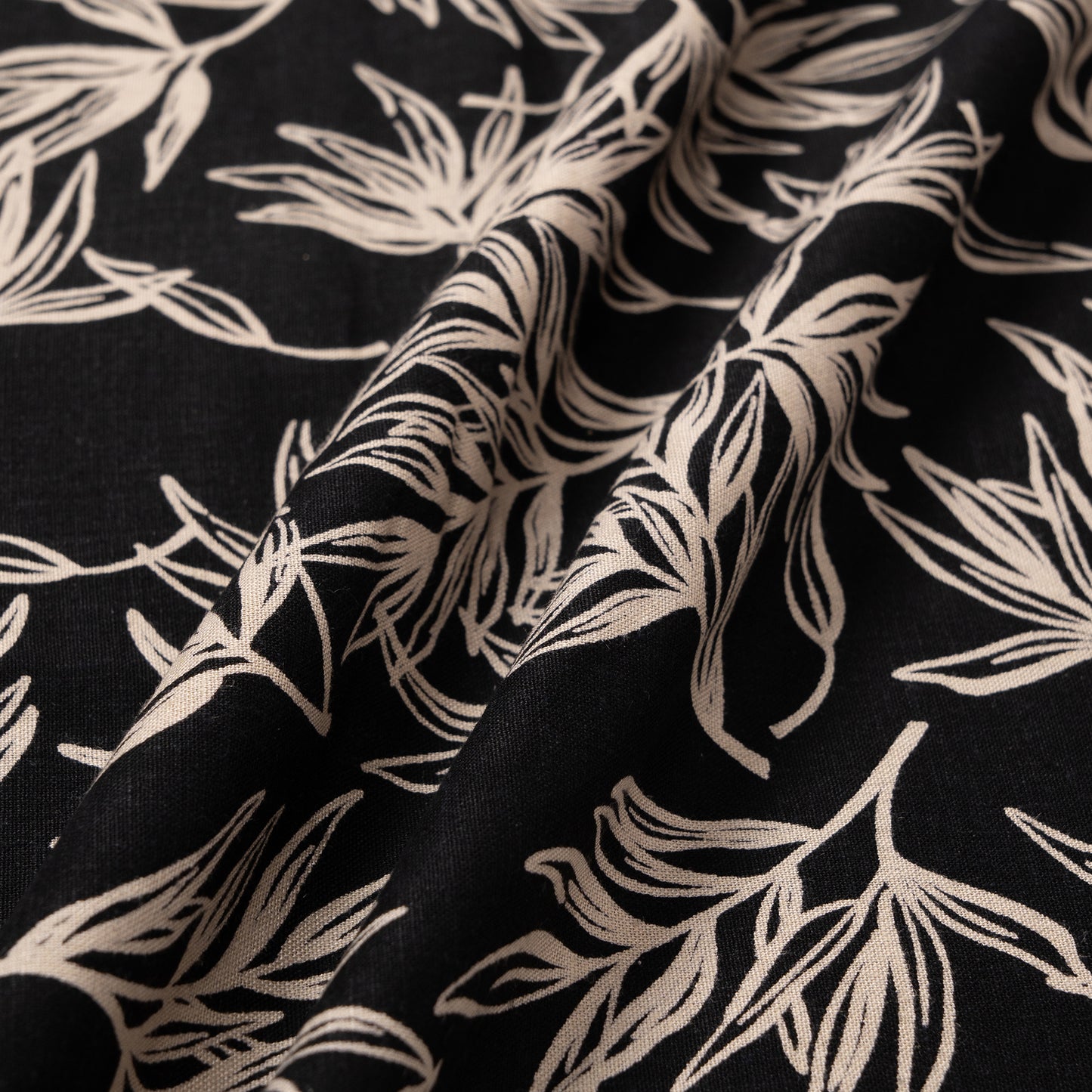 Sophisticated Black Printed Designer Fabric with Beige Botanical Print