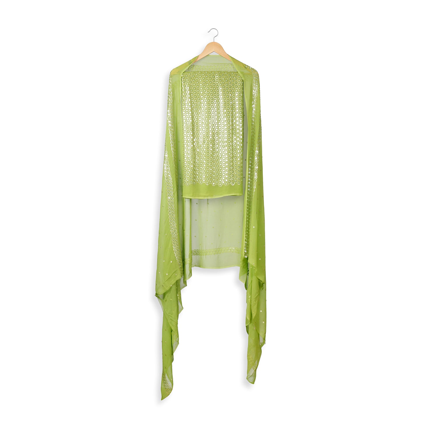 Gulzaar Lime Green Mirror Work Unstitched Suit Set