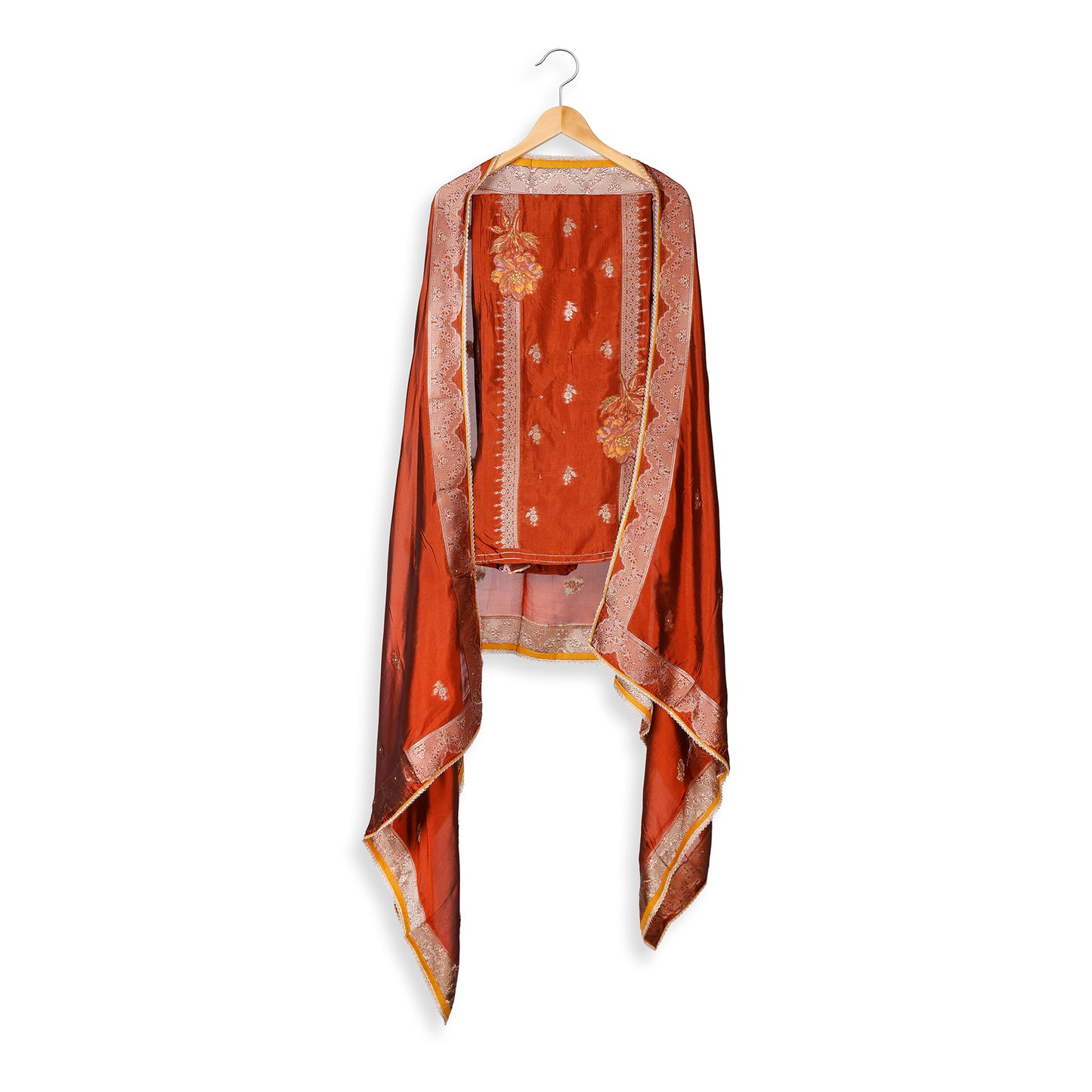 Mehfil Rust Embroidered Unstitched Suit Set