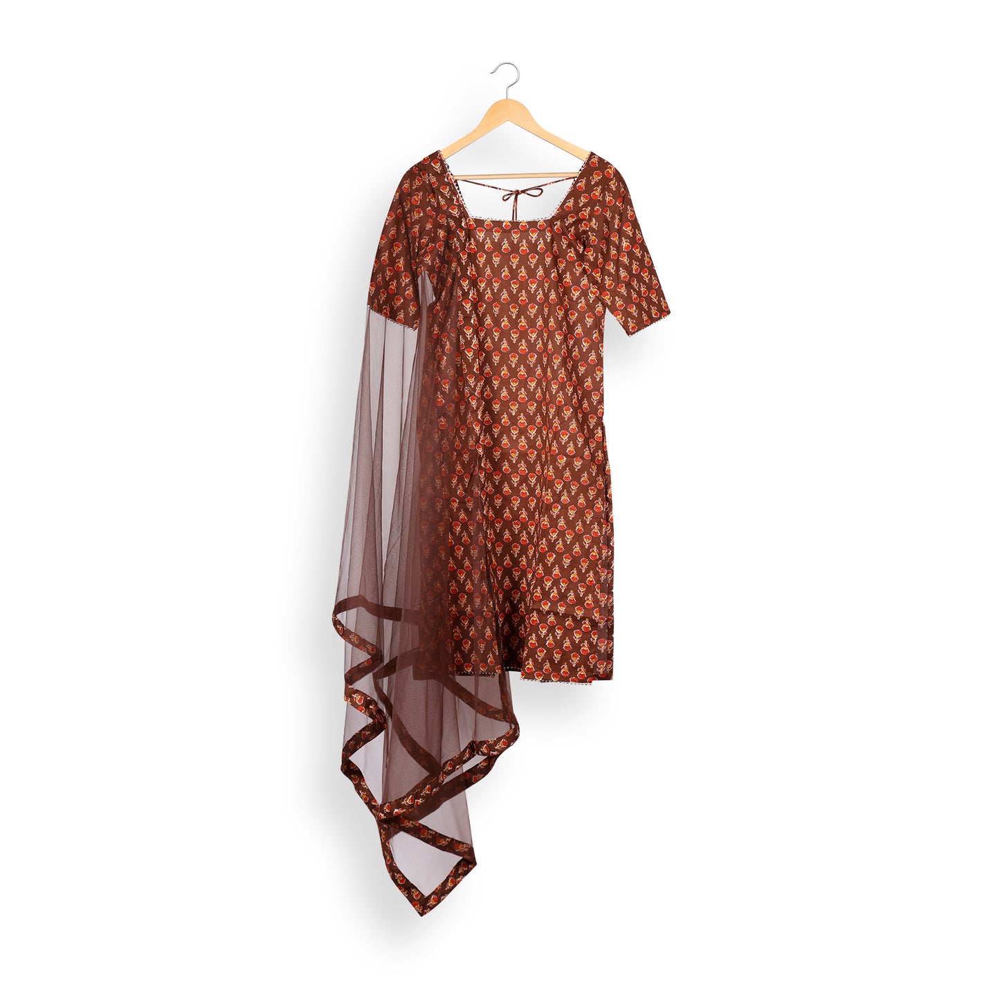 Rust Elegance Cotton Suit Set with Sheer Dupatta