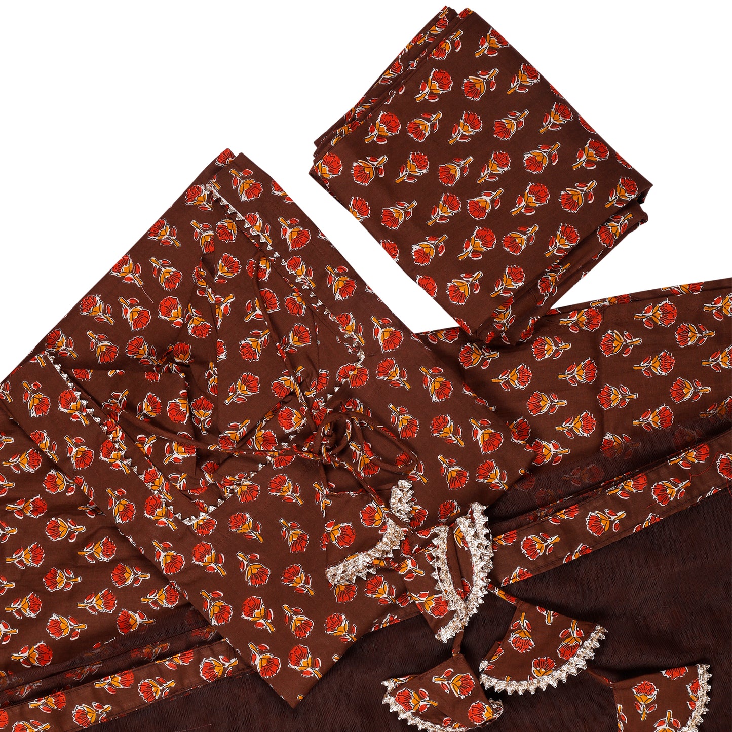 Rust Elegance Cotton Suit Set with Sheer Dupatta