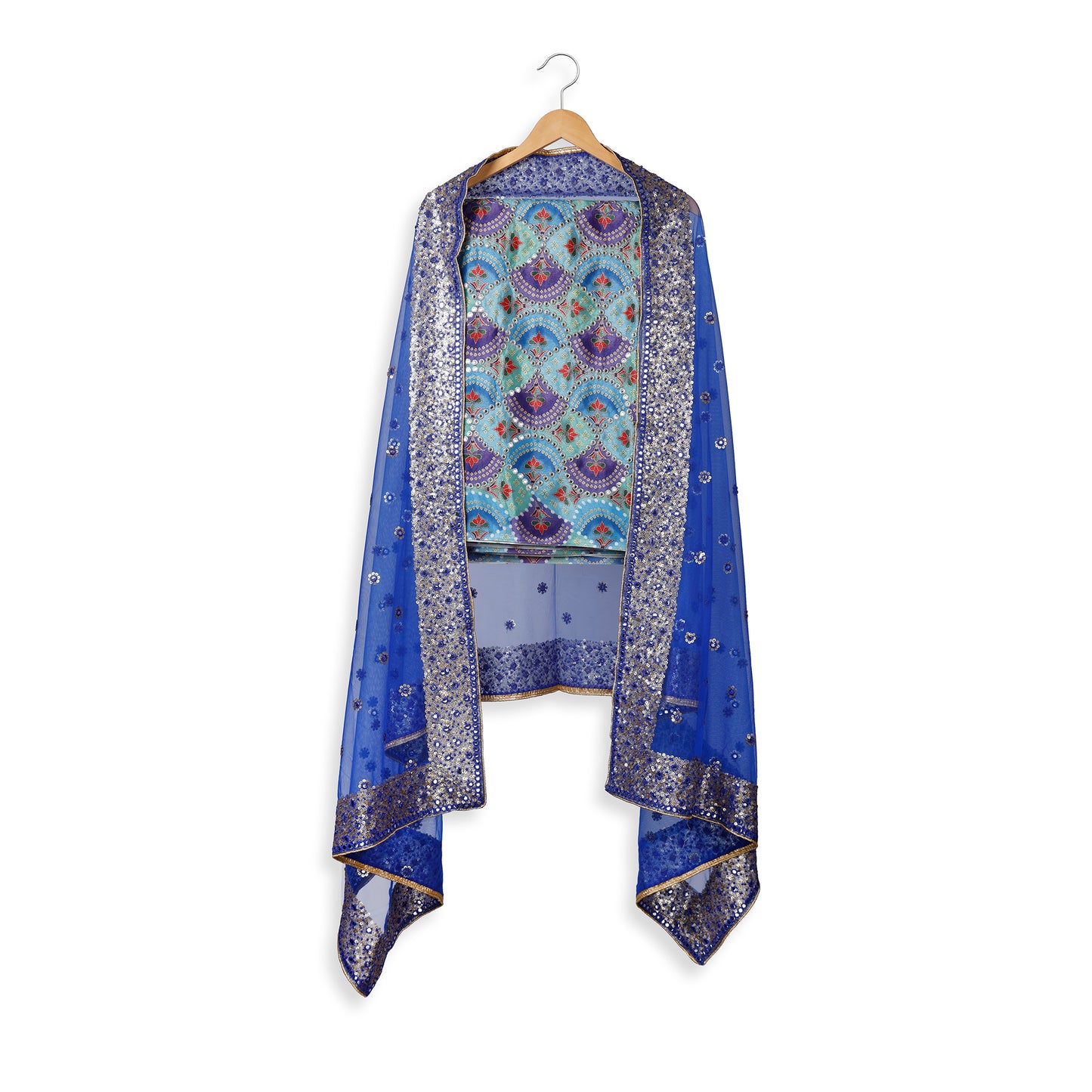 Sitara Blue Patola-Inspired Mirror Work Unstitched Suit Set
