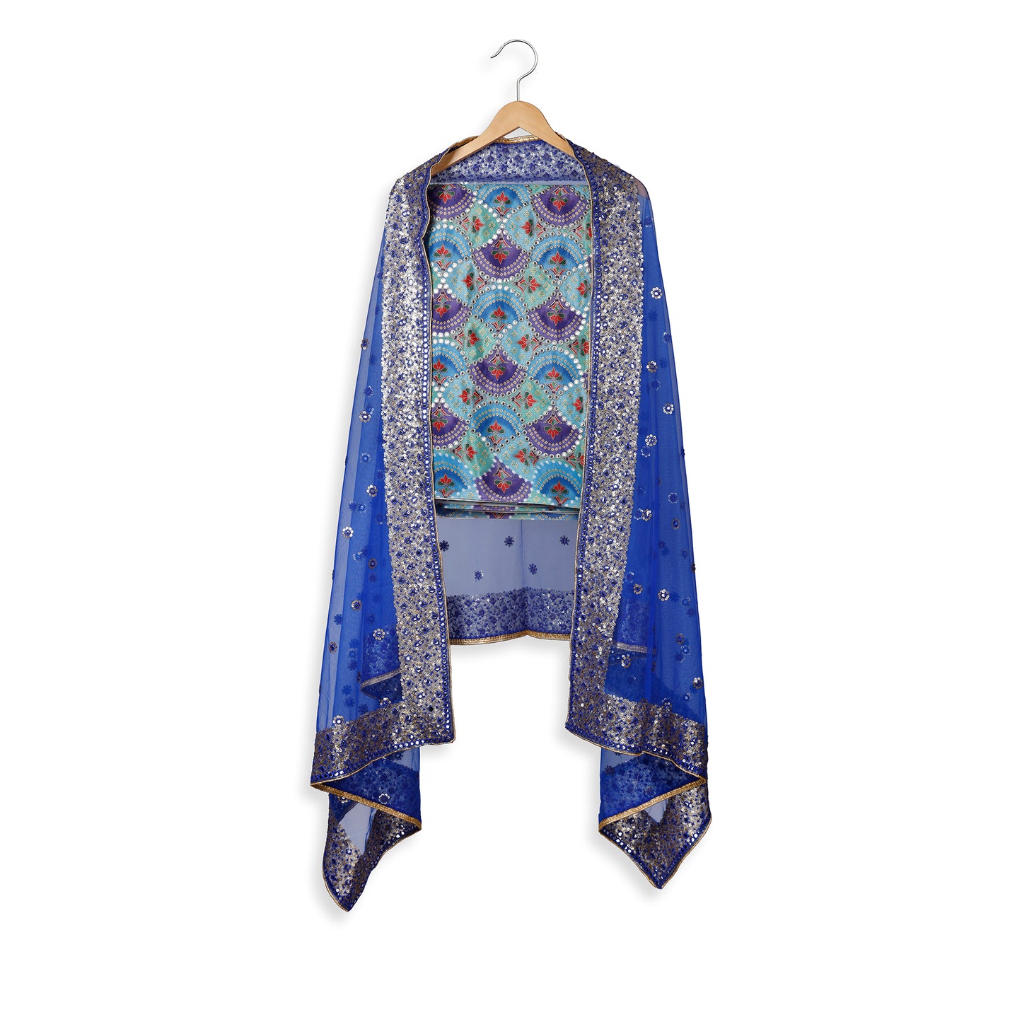 Sitara Blue Patola-Inspired Mirror Work Unstitched Suit Set
