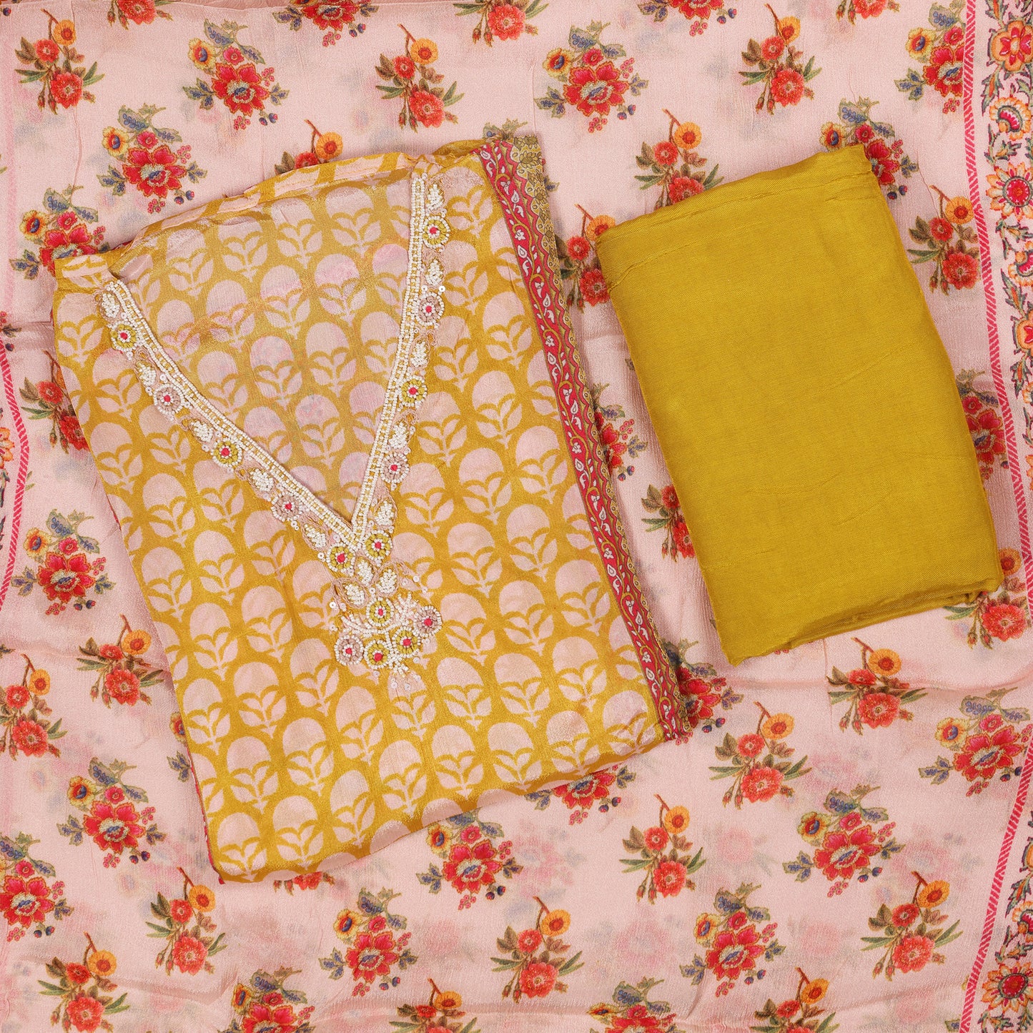 Saanjh Mustard Floral Handwork Dress Material