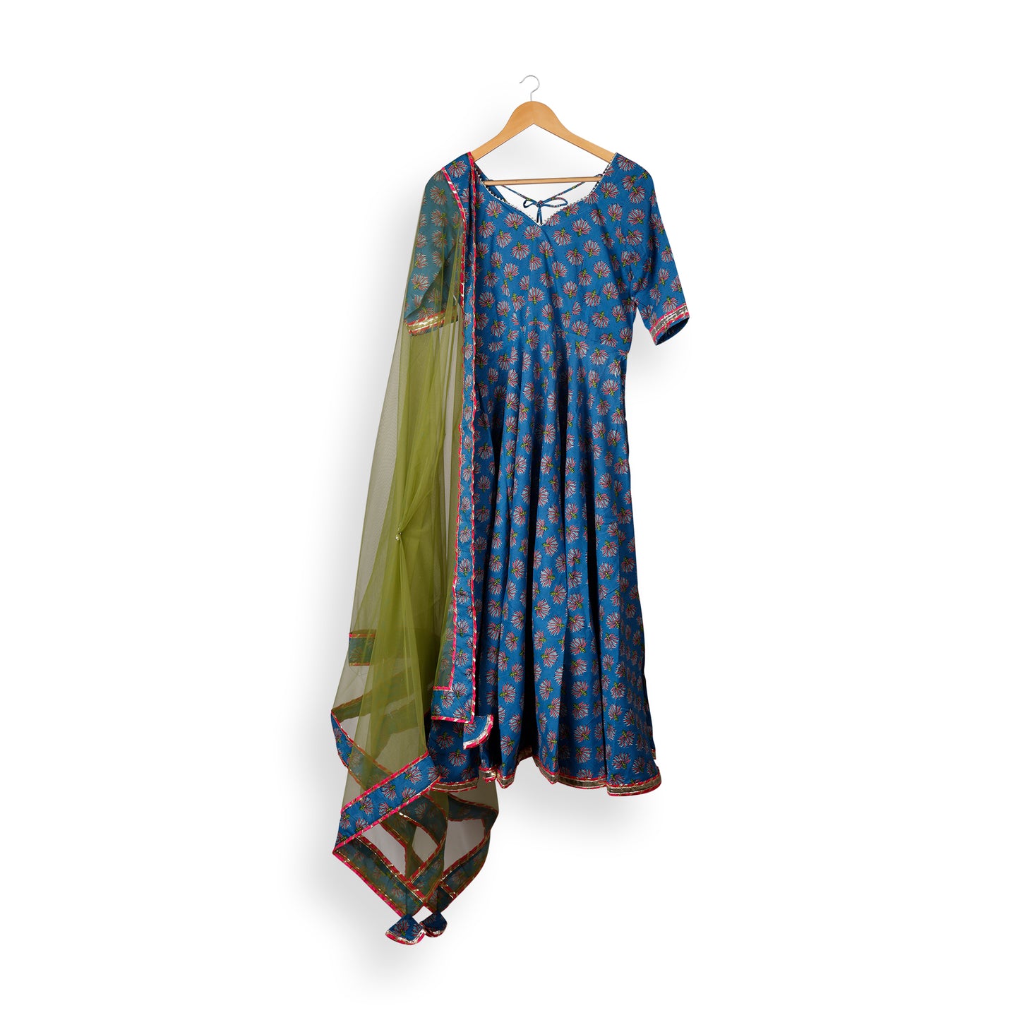 Midnight Teal Anarkali Suit Set with Olive Dupatta