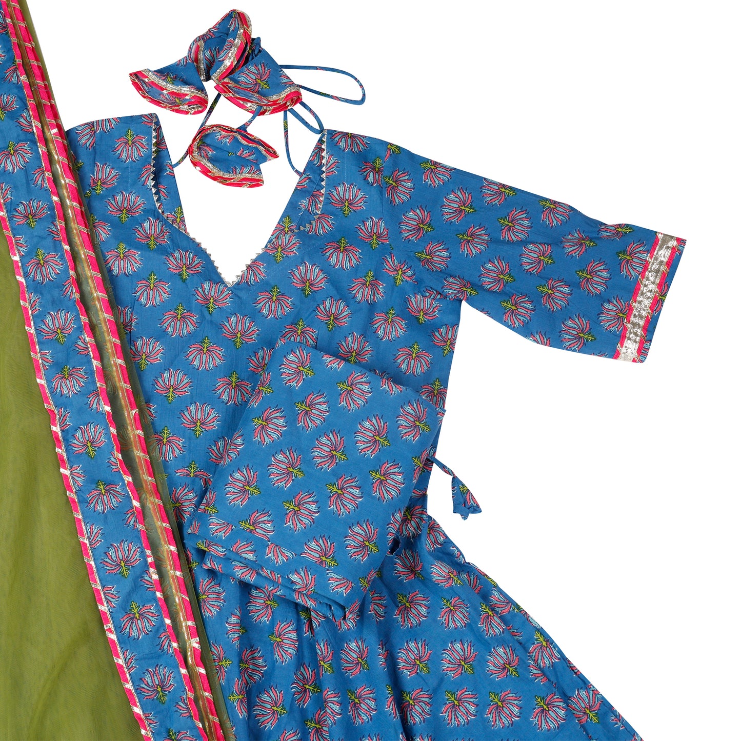 Midnight Teal Anarkali Suit Set with Olive Dupatta