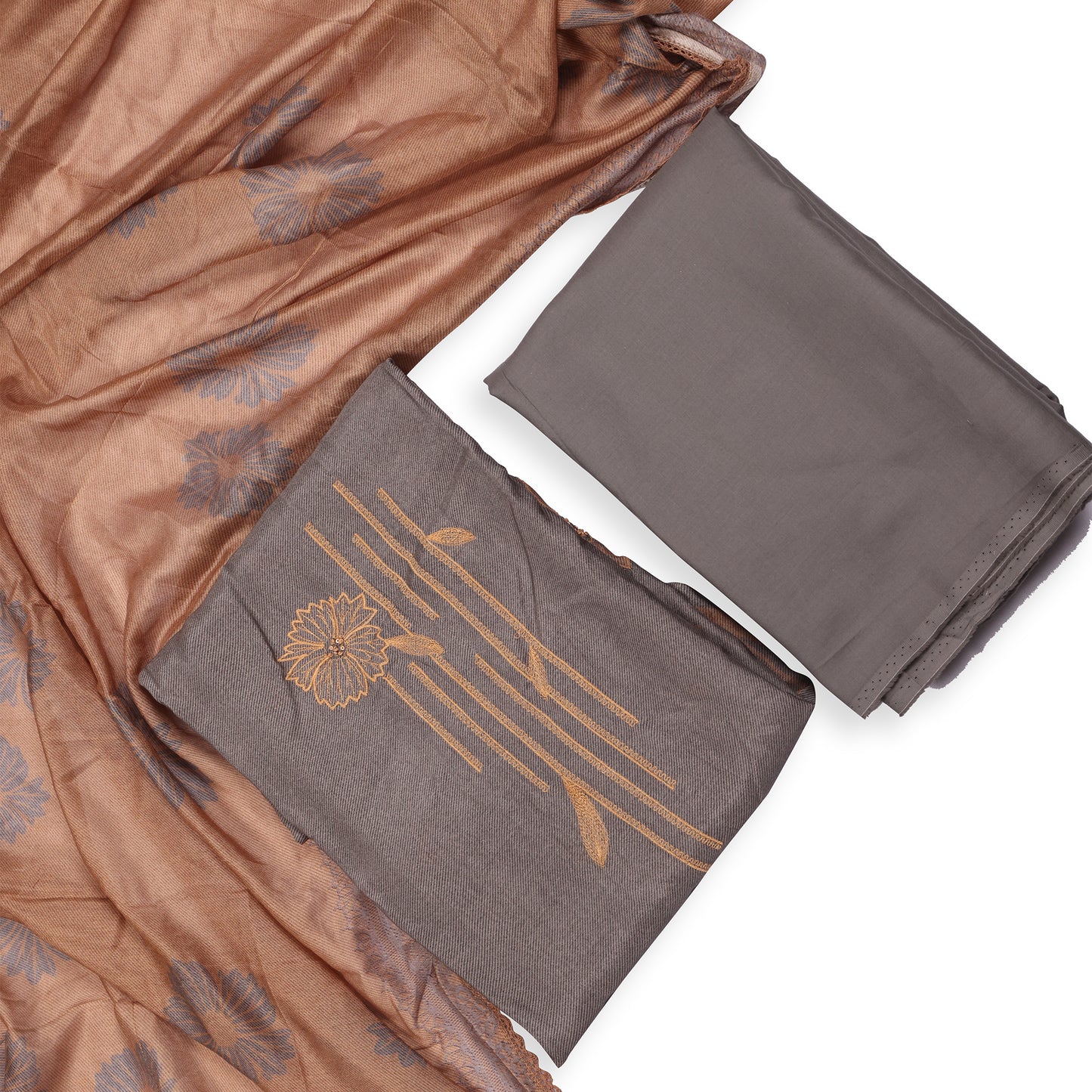 Nayra Grey & Rust Embroidered Cotton Suit Set