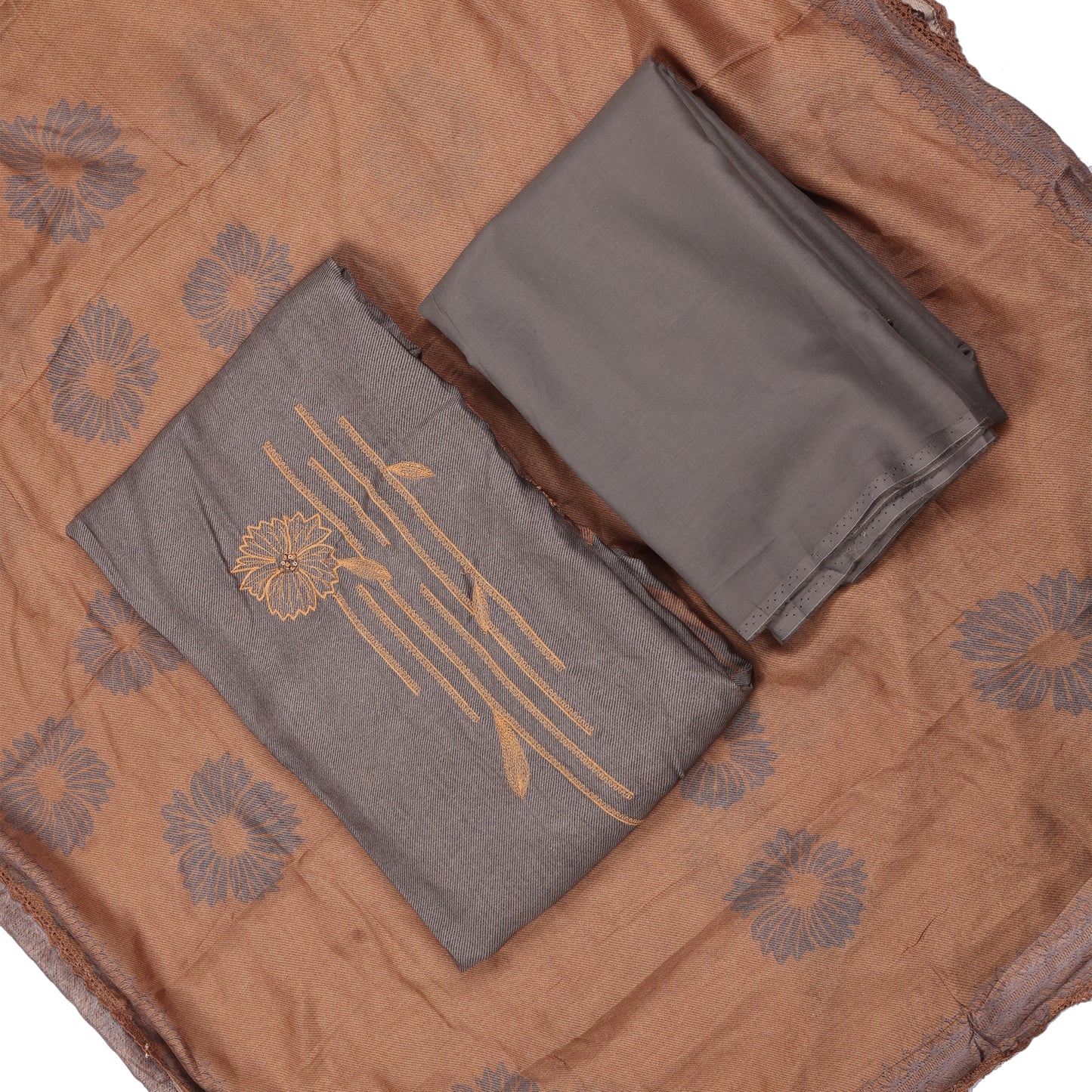 Nayra Grey & Rust Embroidered Cotton Suit Set