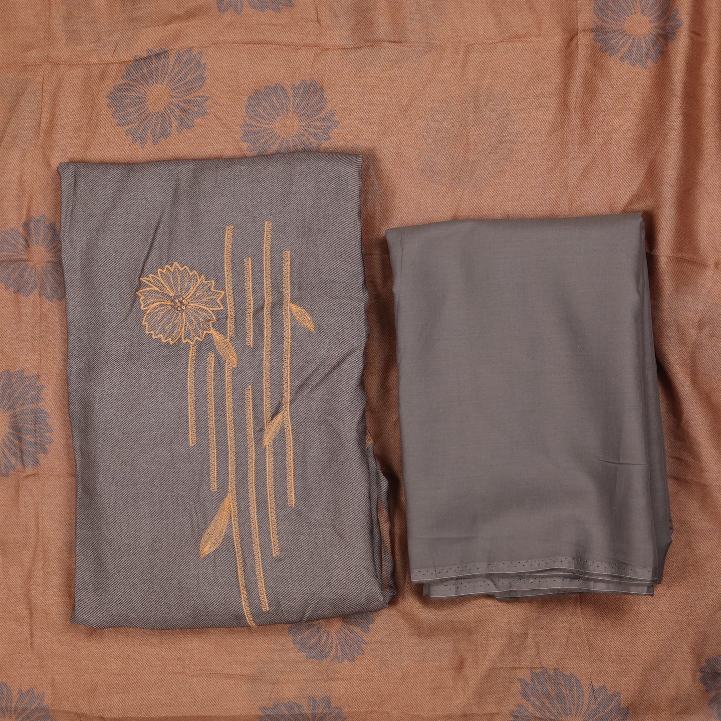 Nayra Grey & Rust Embroidered Cotton Suit Set
