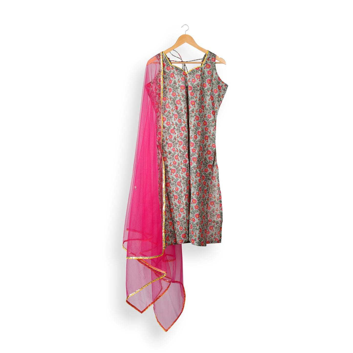 Blush Bloom Sleeveless Suit Set with Hot Pink Dupatta