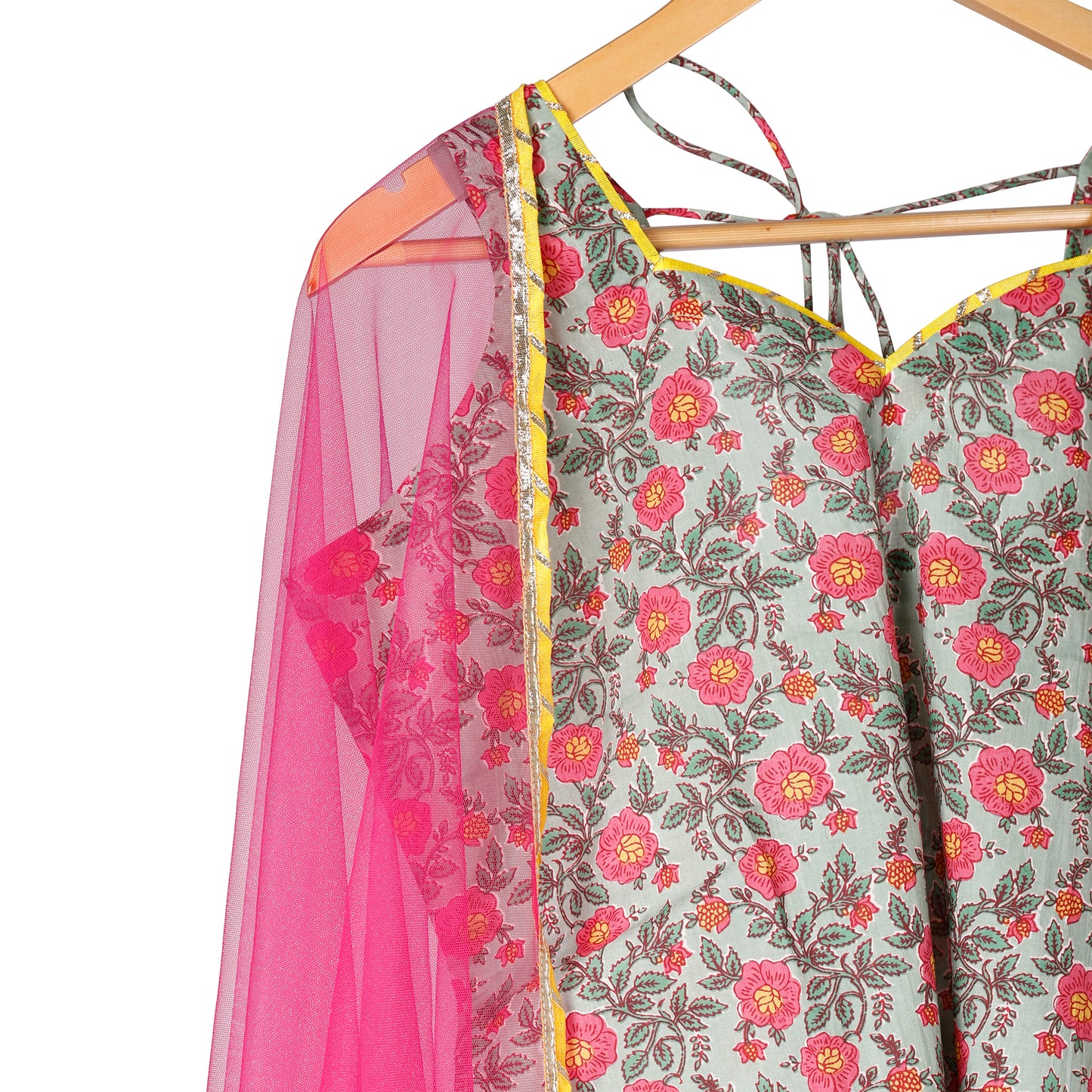 Blush Bloom Sleeveless Suit Set with Hot Pink Dupatta