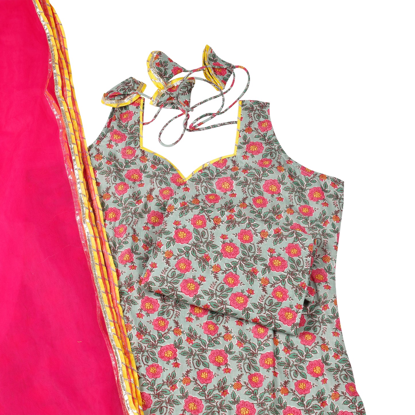 Blush Bloom Sleeveless Suit Set with Hot Pink Dupatta