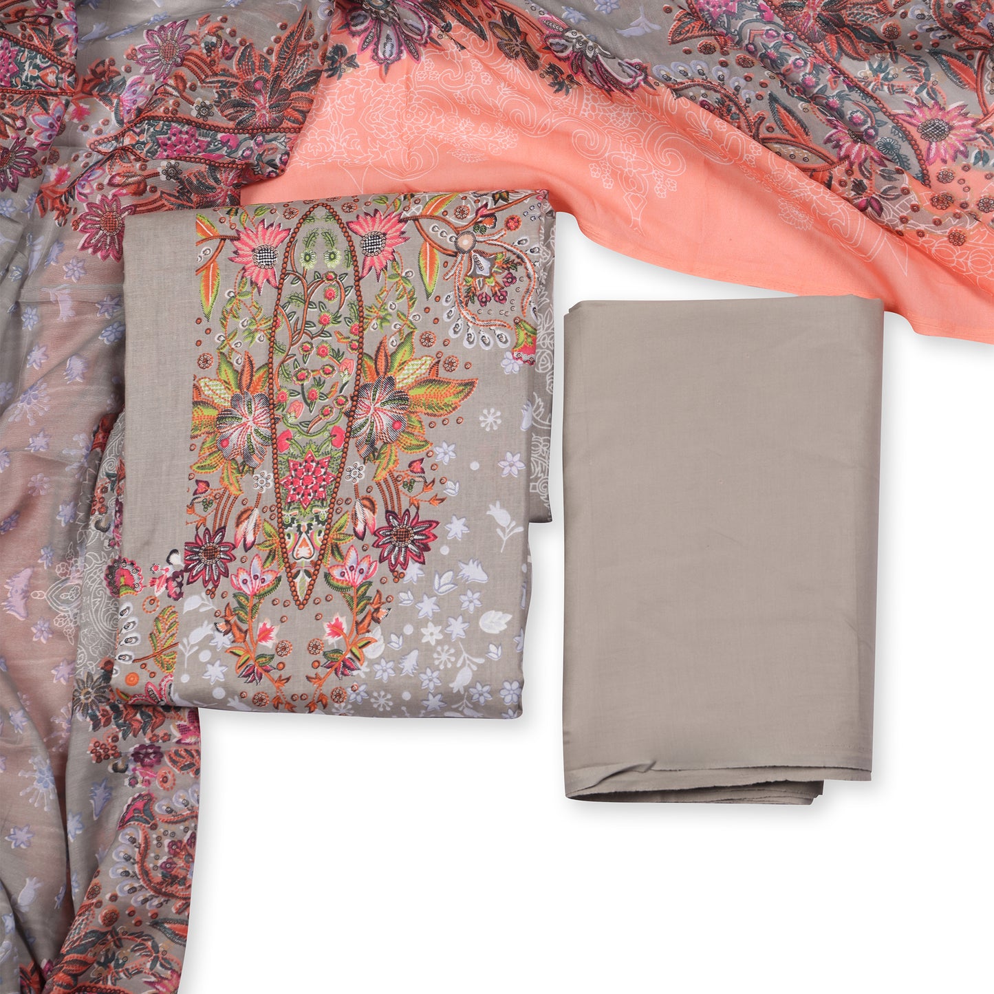 Earthy Elegance Grey Floral Unstitched Suit Set