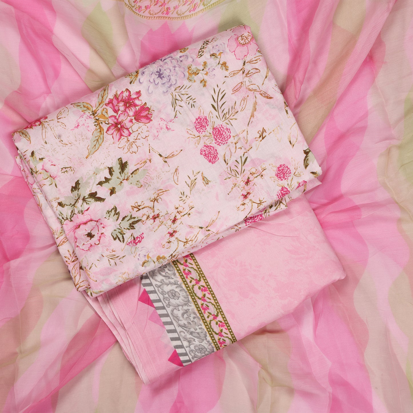 Blush Blossom Pink Floral Unstitched Suit Set