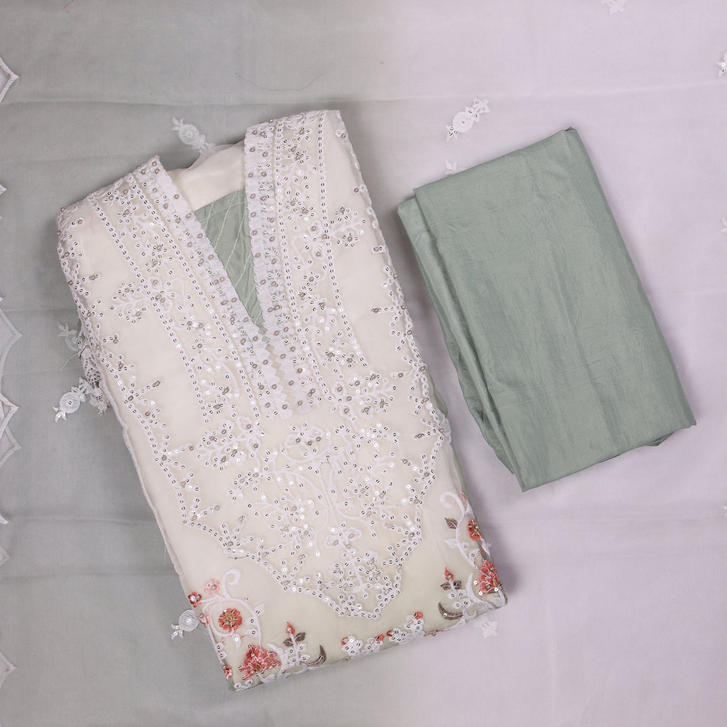 Noor Sage Mist Mirror Work Unstitched Suit Set