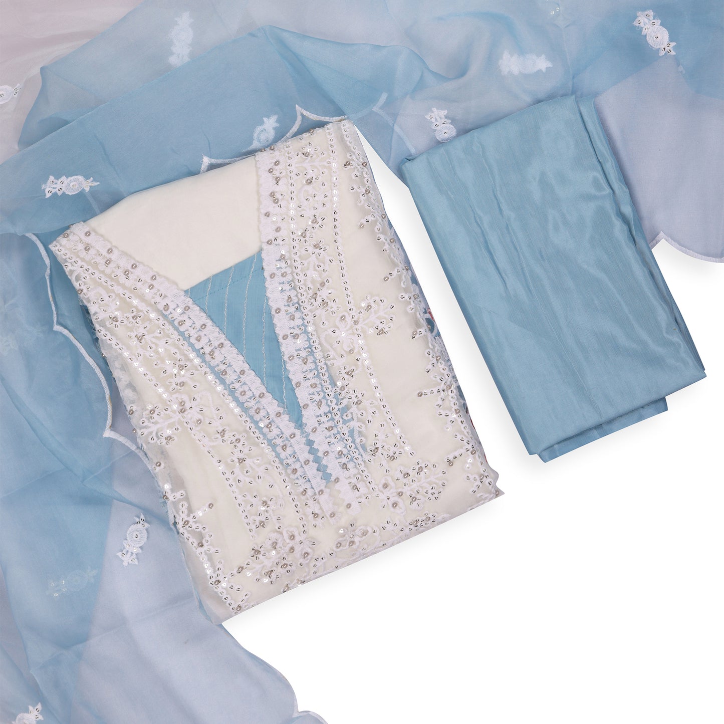 Noori Powder Blue Mirror Work Unstitched Suit Set