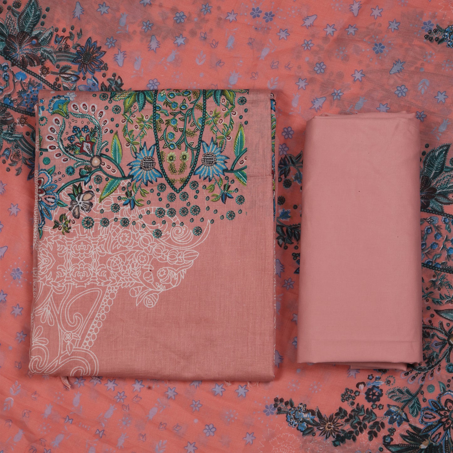 Gulnaar Coral Blossom Unstitched Suit Set