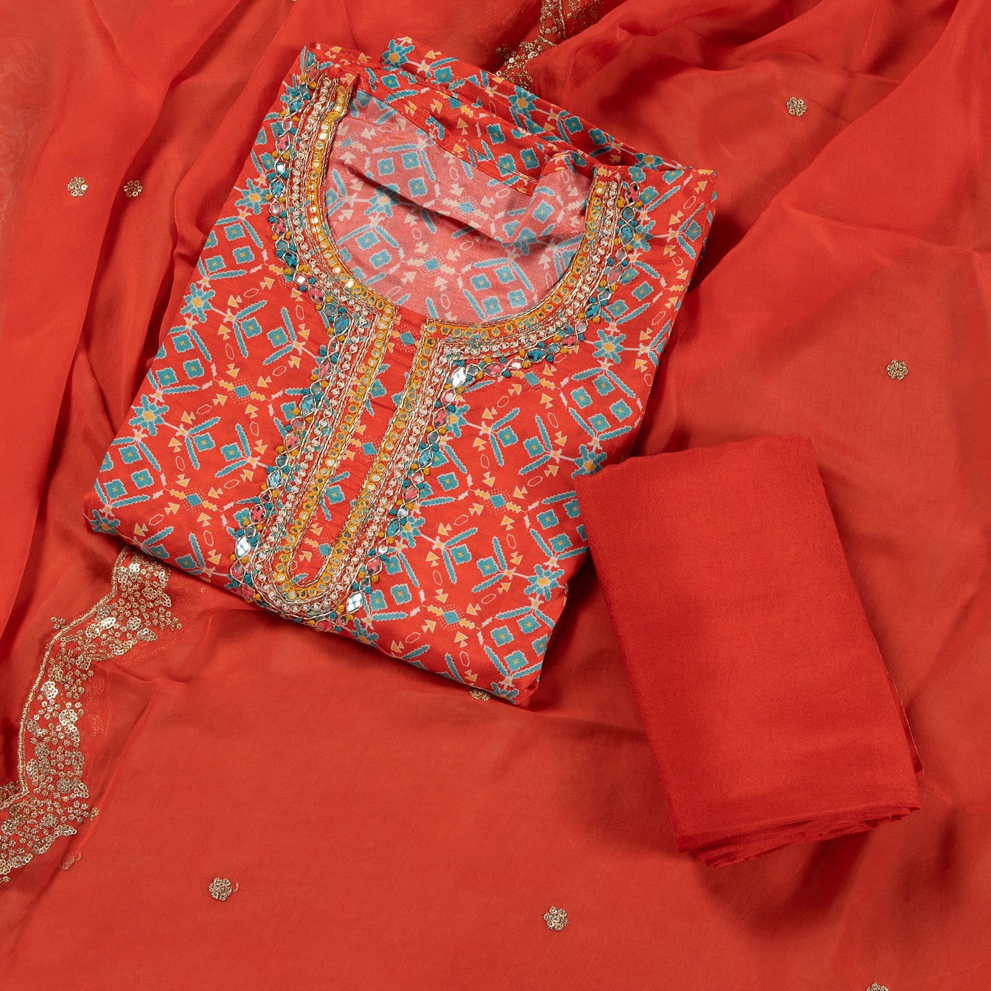Radiant Orange Glow – Embroidered Georgette Dress Material