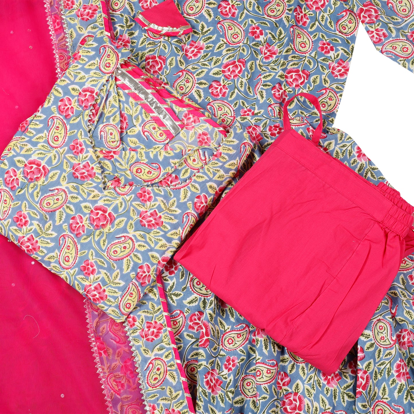 Gulnaar Printed Anarkali Suit Set with Fuchsia Dupatta