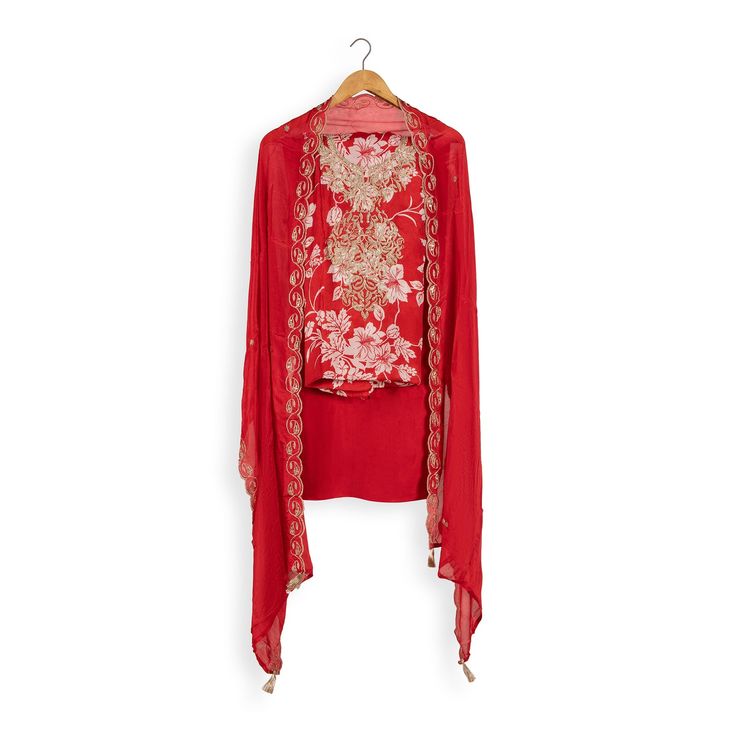 Crimson Bloom Elegance – Floral Embroidered Georgette Dress Material
