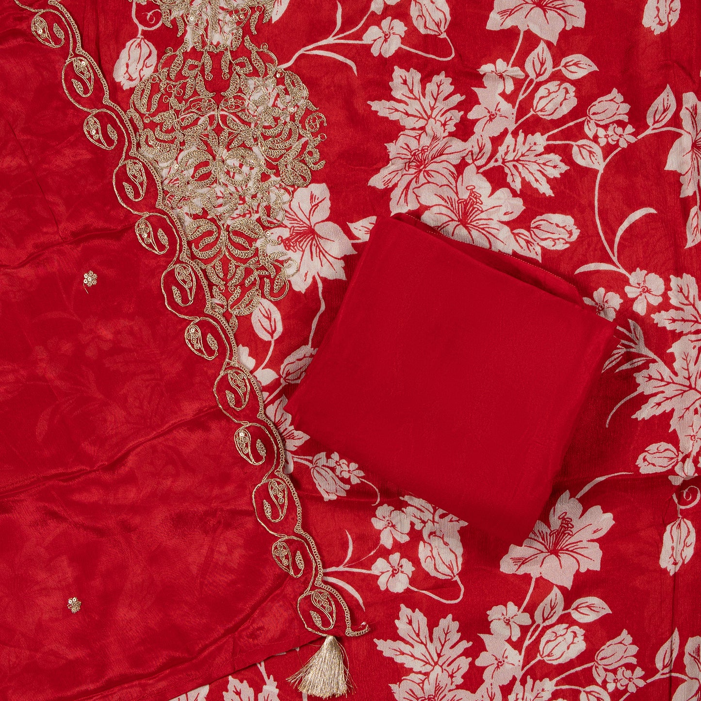 Crimson Bloom Elegance – Floral Embroidered Georgette Dress Material