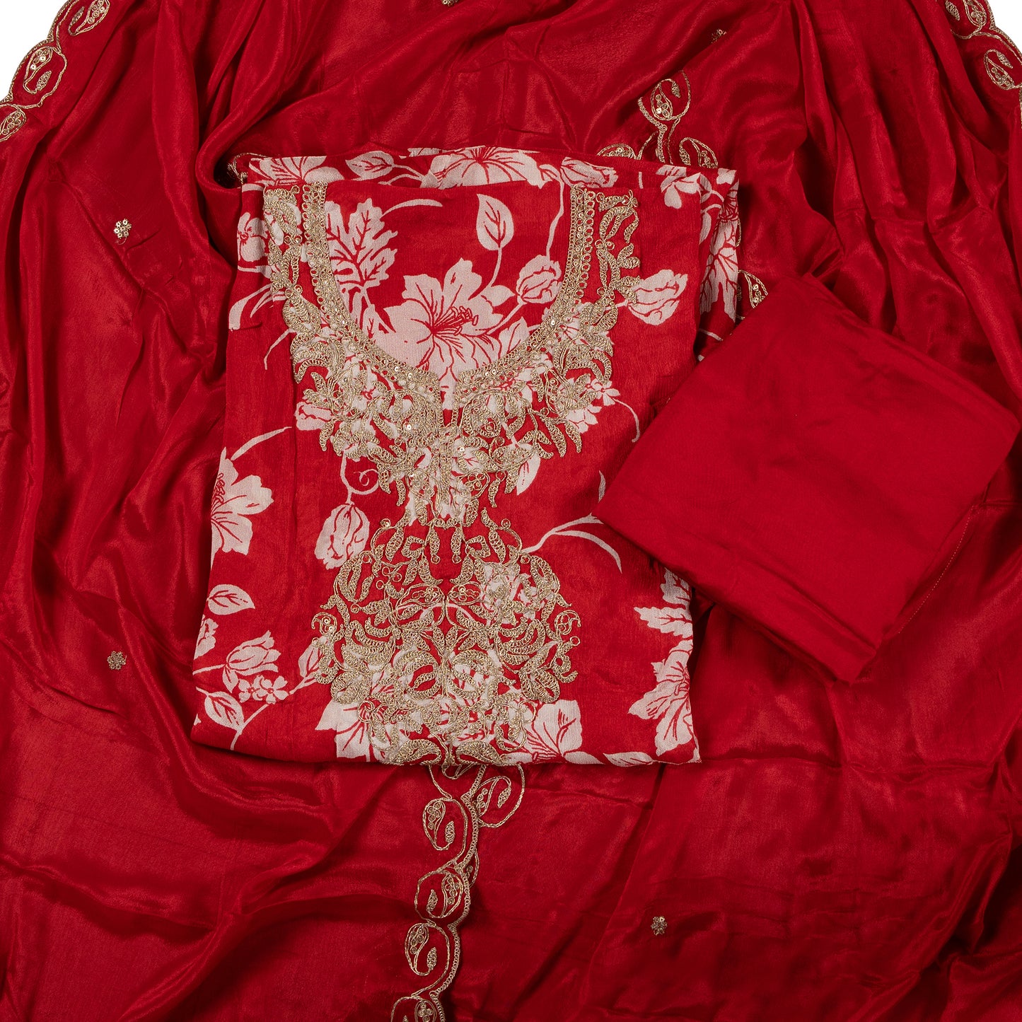 Crimson Bloom Elegance – Floral Embroidered Georgette Dress Material