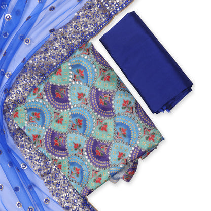 Sitara Blue Patola-Inspired Mirror Work Unstitched Suit Set