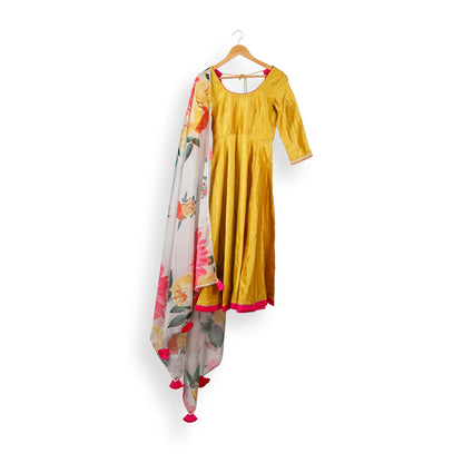 Zehra Mustard Silk Suit Set with Floral Dupatta